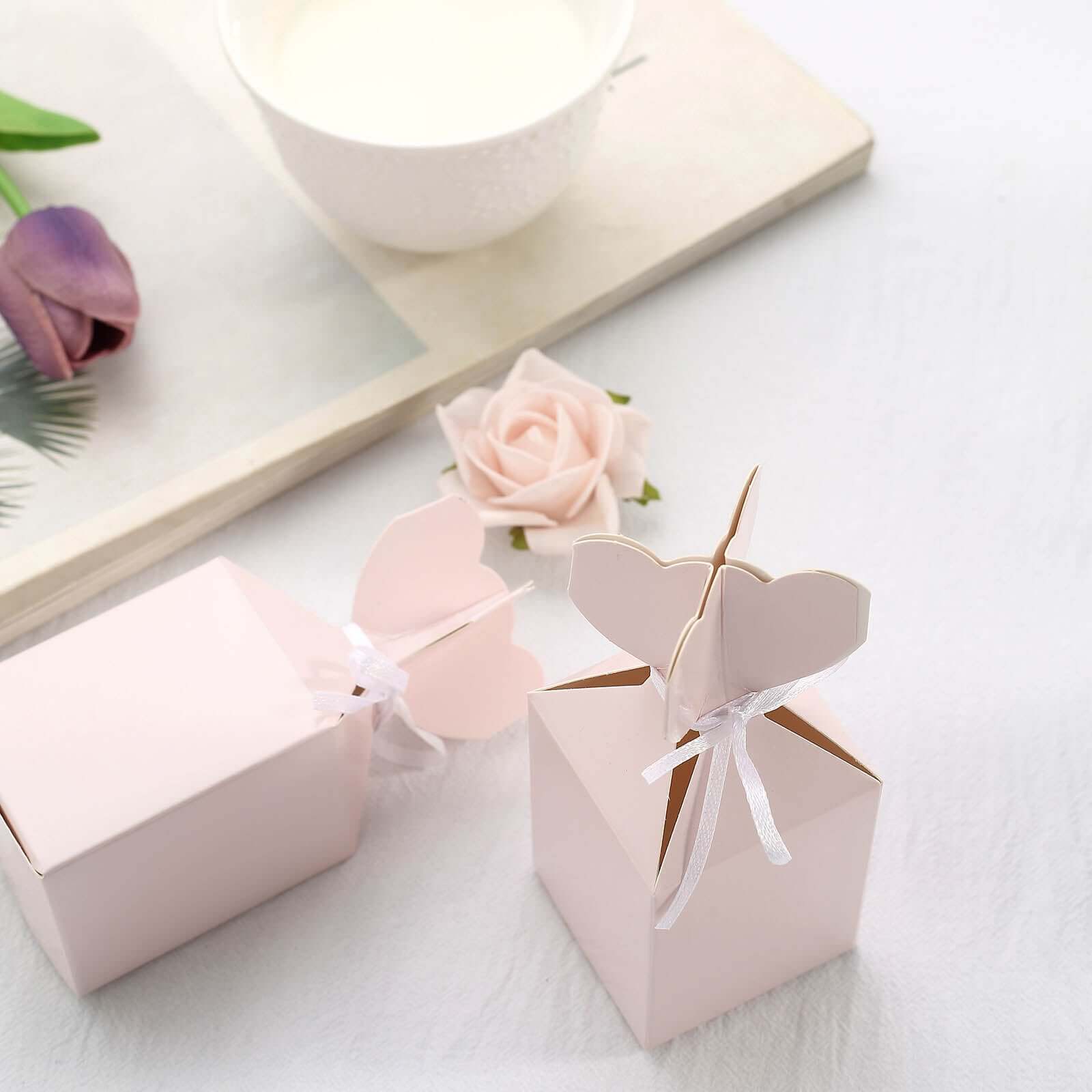 25 Pack Blush Floral Top Satin Ribbon Party Favor Candy Gift Boxes - Linen Luxes