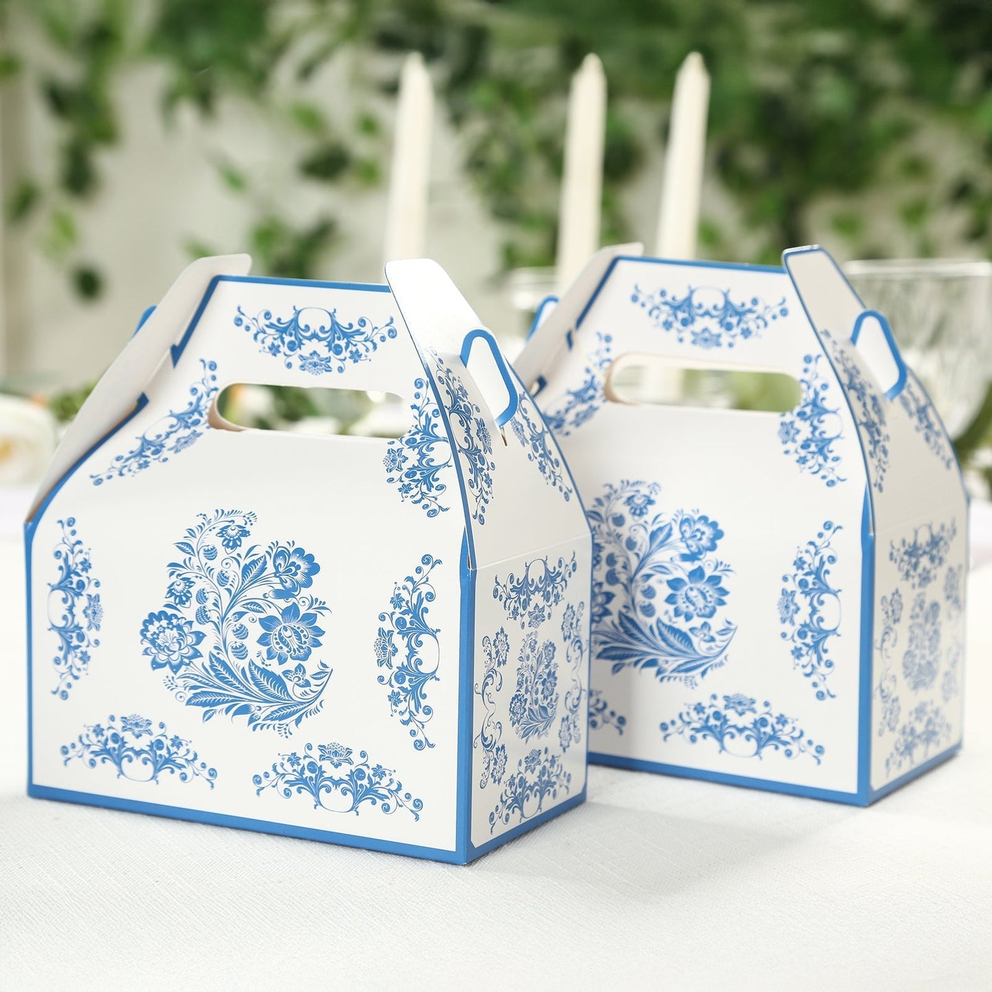 25 Pack Candy Gift Tote Gable Boxes in White Royal Blue Damask Floral Pattern, Party Favor Treat Boxes - 6"x3.5"x7"