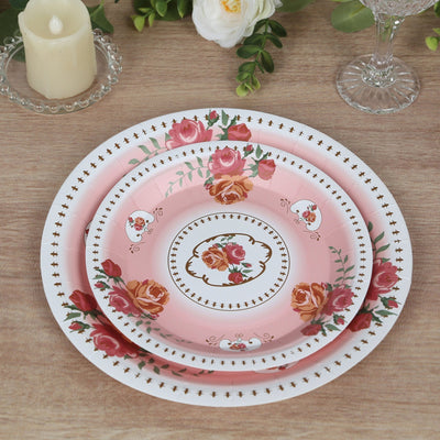 25-Pack Paper 7" Round Dessert Plates in Dusty Rose with Vintage Rose Flower Print - Disposable Appetizer Salad Plates