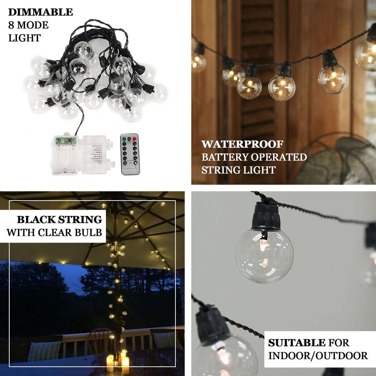 25 - Pack LED String Lights 8 - Mode Clear Warm White - Waterproof Remote Operated Outdoor/Indoor Bulbs 26ft - Linen Luxes