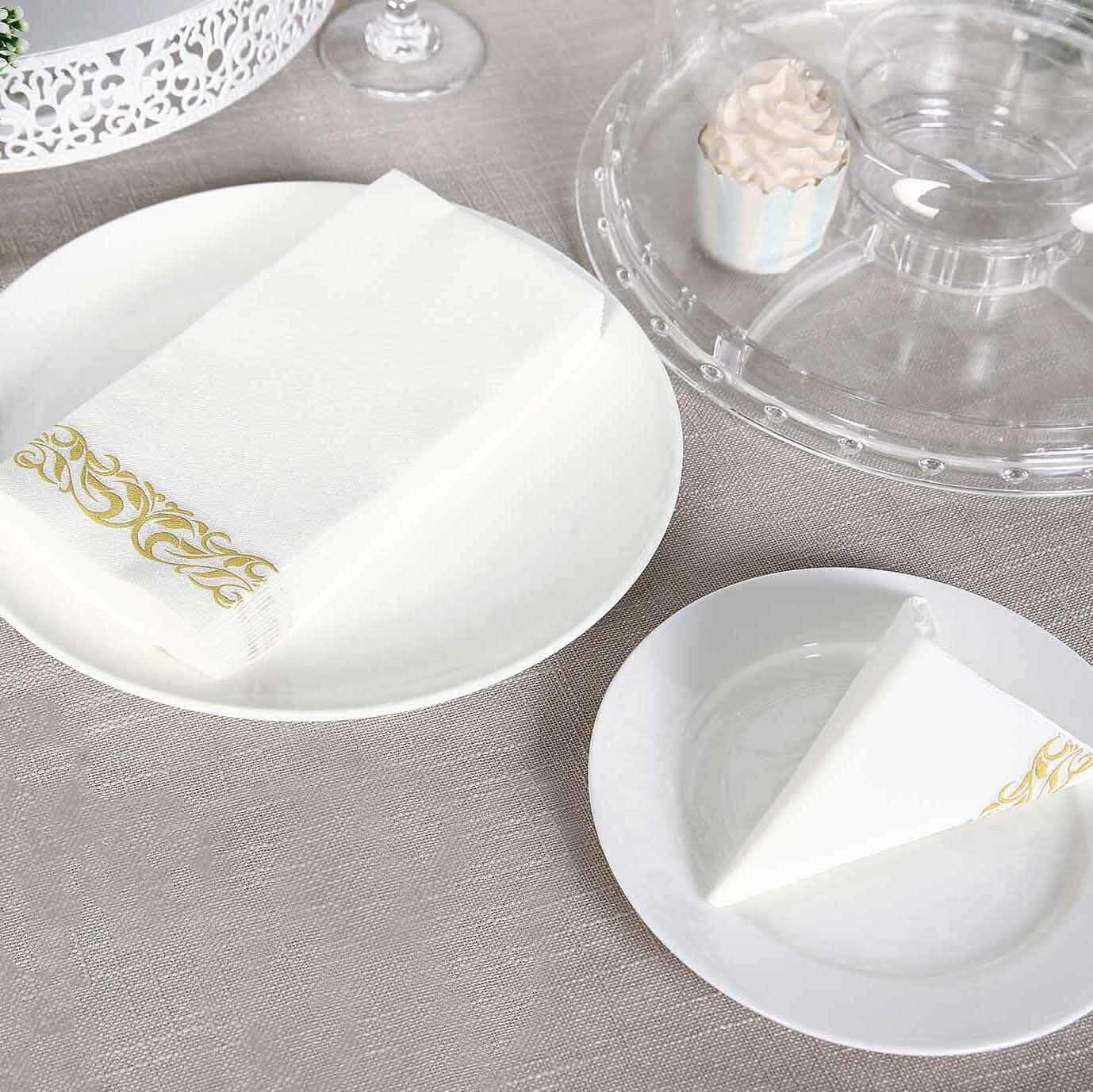 25 Pack Linen-Like Paper 8"x4" Napkins White with Metallic Gold Foil Scroll Design - Soft & Absorbent Airlaid Hand Towels for Exquisite Weddings & Events
