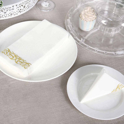 25 Pack Linen-Like Paper 8"x4" Napkins White with Metallic Gold Foil Scroll Design - Soft & Absorbent Airlaid Hand Towels for Exquisite Weddings & Events