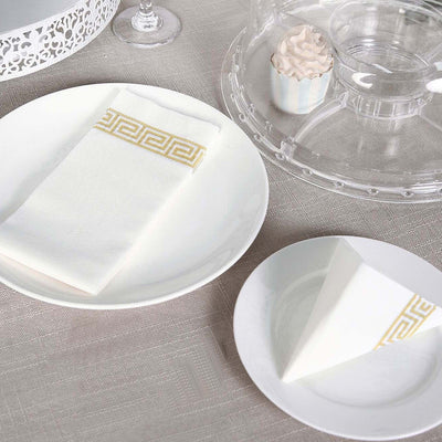 25 Pack Linen-Like Paper 8"x4" Napkins White with Gold Greek Key Design - Soft & Absorbent Airlaid Hand Towels for Exquisite Weddings & Events