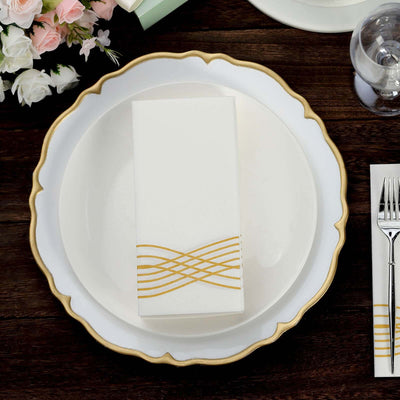 25 Pack Linen-Like Paper 8"x4" Napkins White with Metallic Gold Foil Wave Design - Soft & Absorbent Airlaid Hand Towels for Exquisite Weddings & Events
