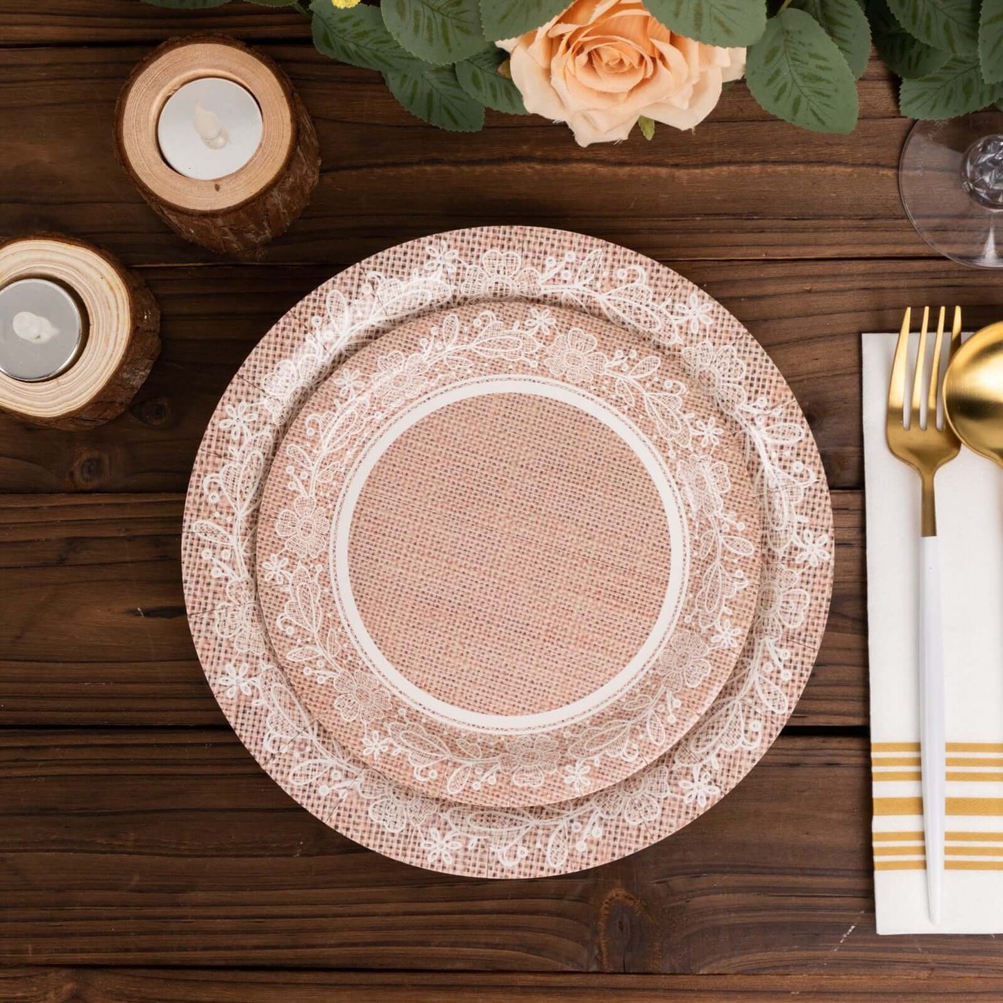 25-Pack Paper 7" Round Dessert Plates in Natural Burlap Print with Floral Lace Rim - Disposable Rustic Appetizer Salad Plates for Farmhouse Weddings & Celebrations