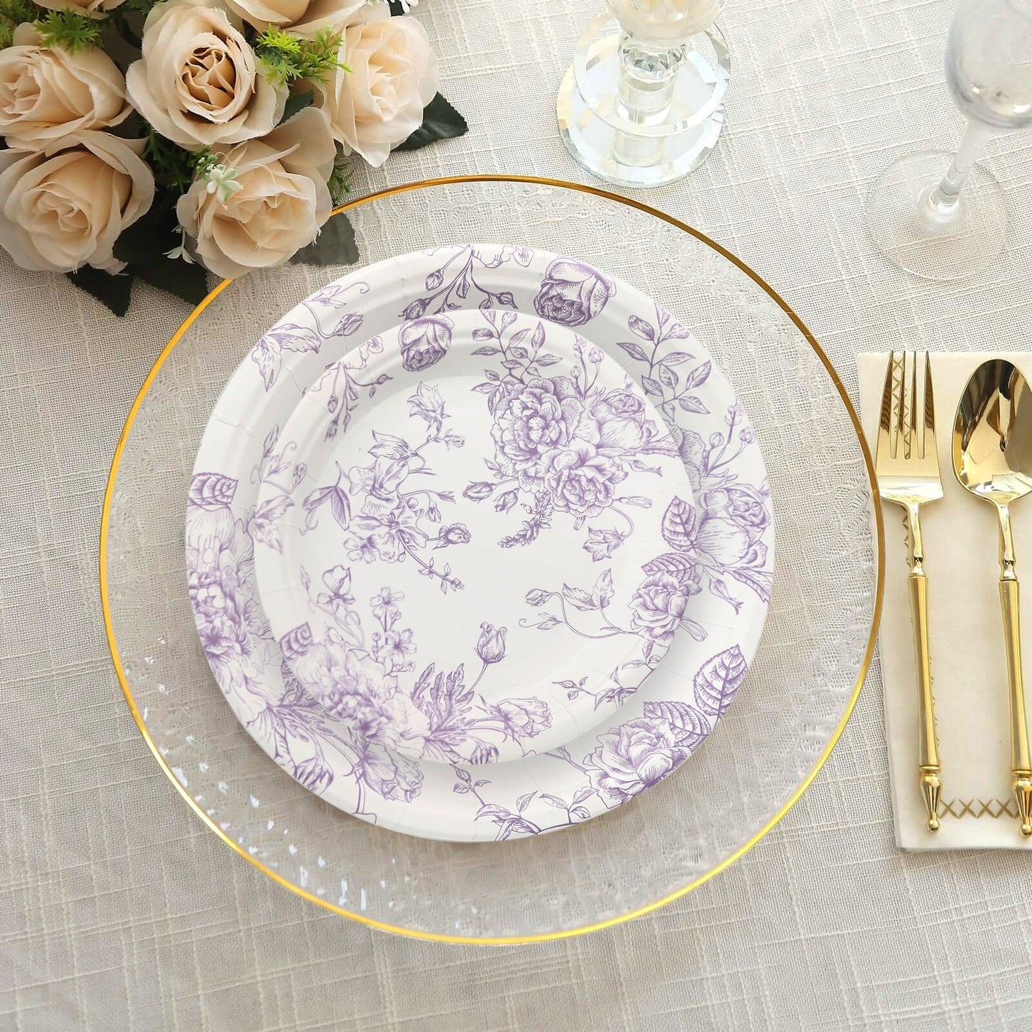 25-Pack Paper 7" Round Dessert Plates in White with Matte Lavender French Toile Pattern - Disposable Floral Salad Appetizer Plates