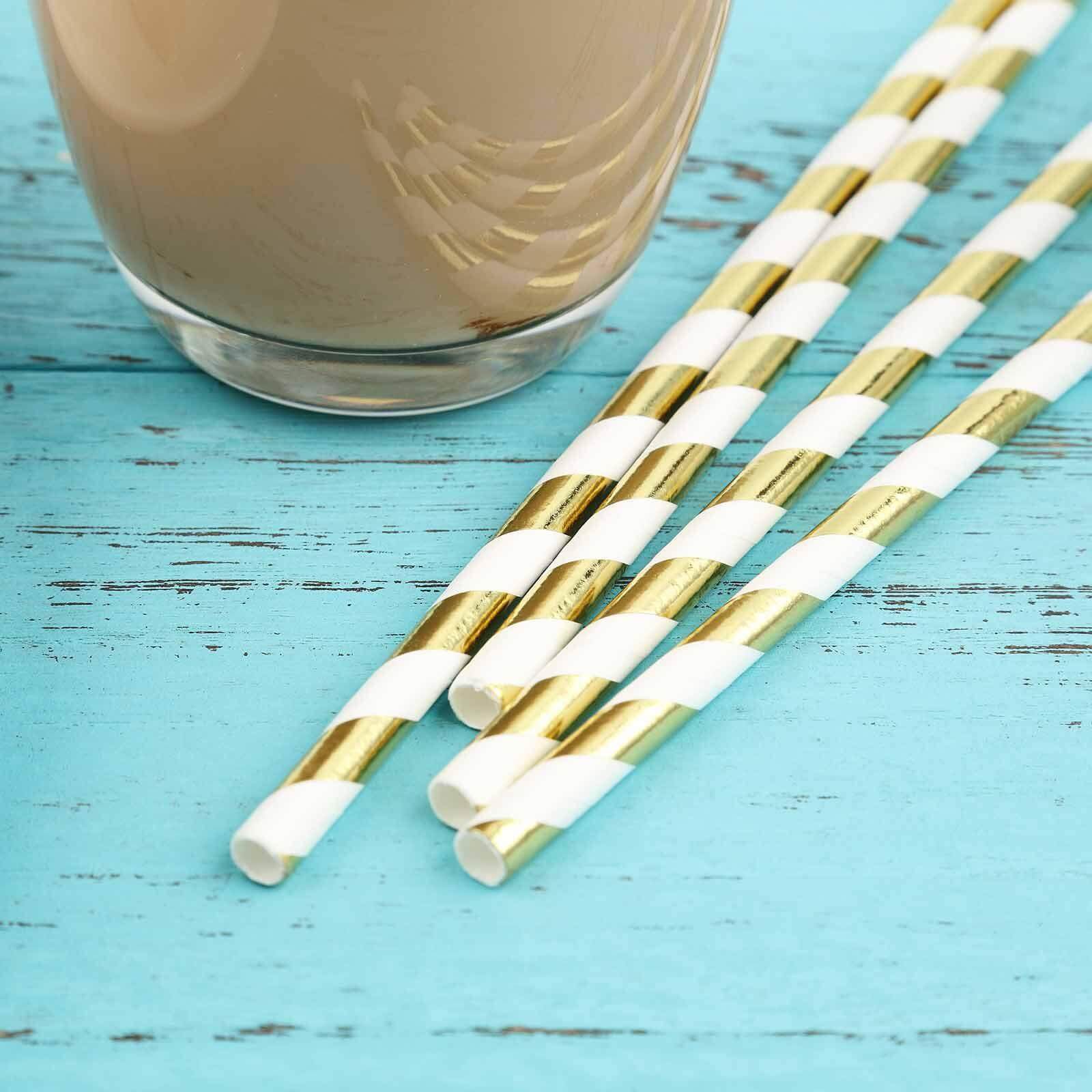 25 - Pack Paper Straws White/Gold Striped - Stylish Disposable Straws for Drinks 8" - Linen Luxes