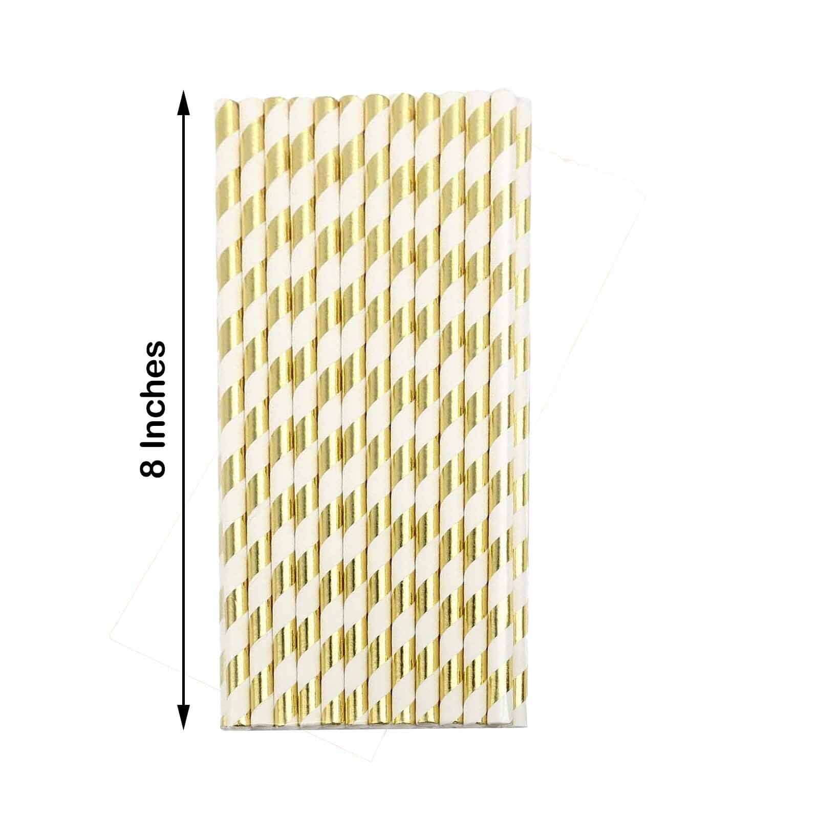 25 - Pack Paper Straws White/Gold Striped - Stylish Disposable Straws for Drinks 8" - Linen Luxes