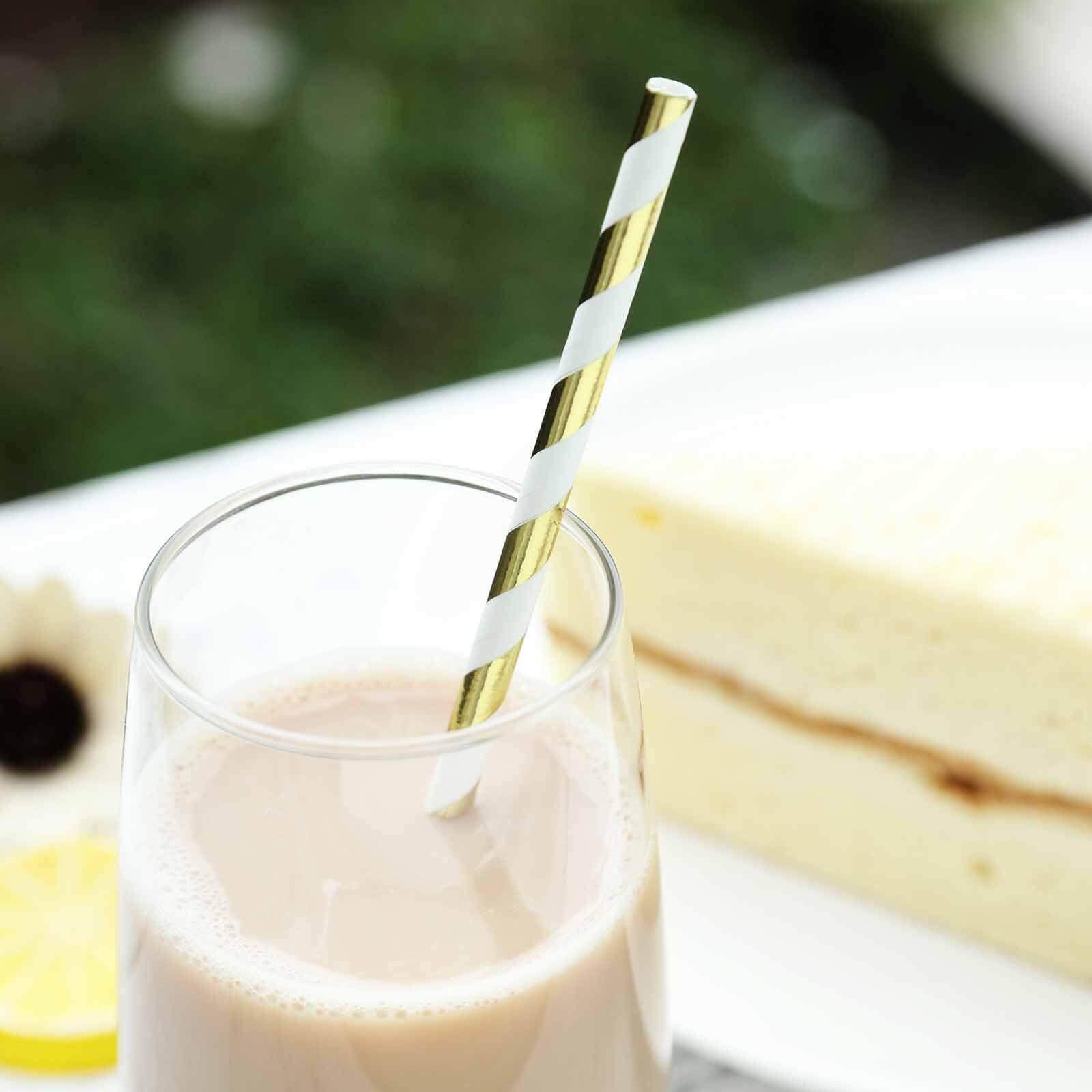 25 - Pack Paper Straws White/Gold Striped - Stylish Disposable Straws for Drinks 8" - Linen Luxes