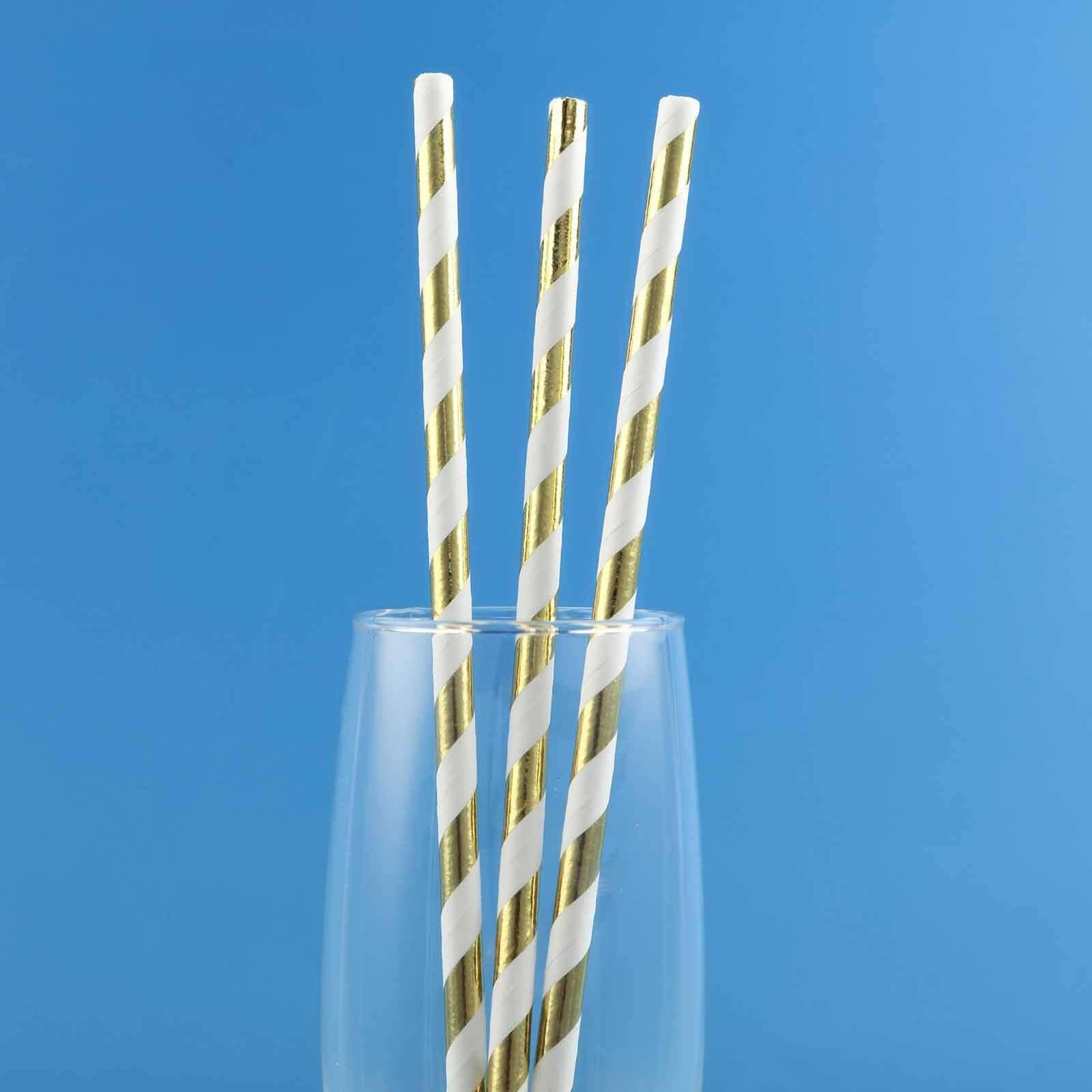 25 - Pack Paper Straws White/Gold Striped - Stylish Disposable Straws for Drinks 8" - Linen Luxes