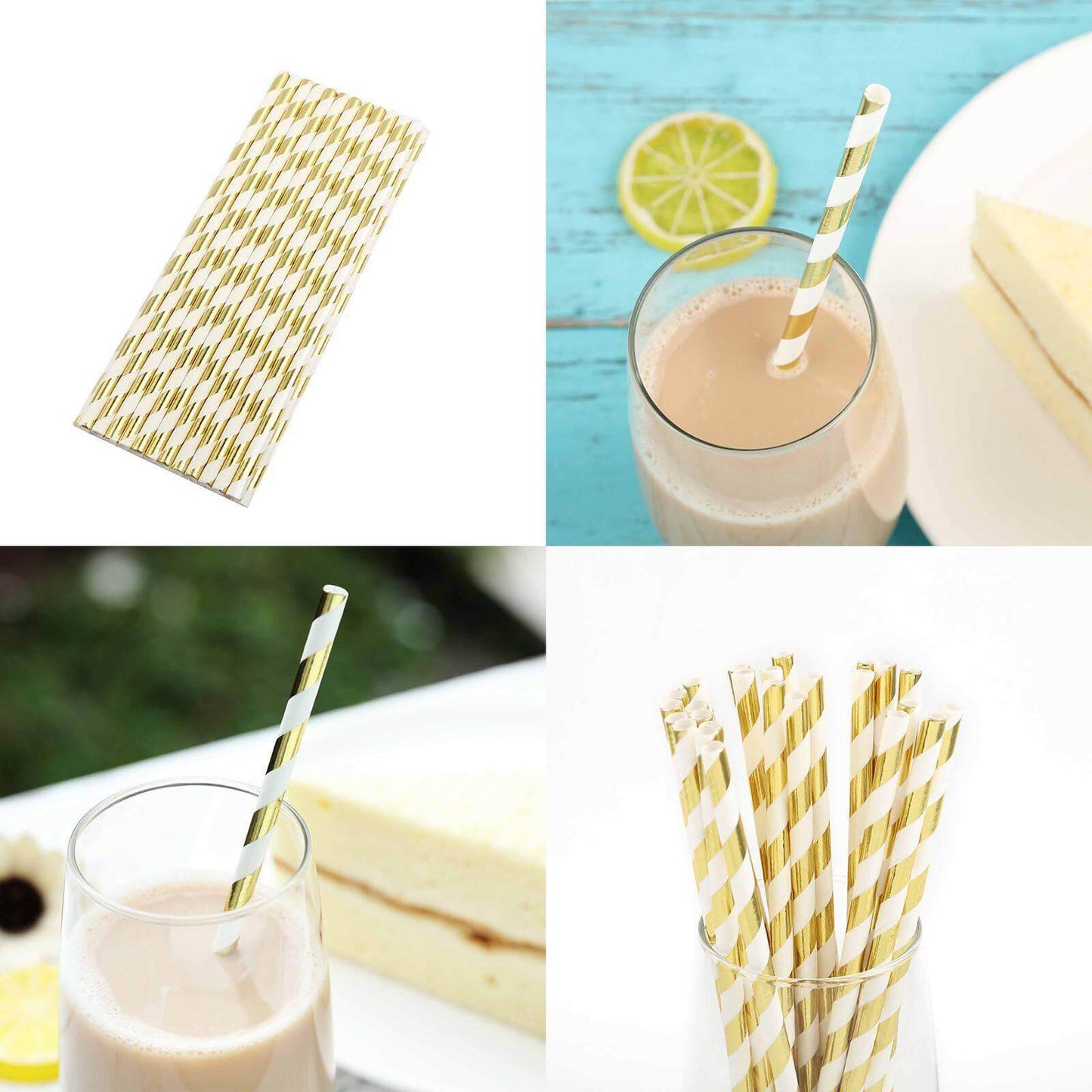 25 - Pack Paper Straws White/Gold Striped - Stylish Disposable Straws for Drinks 8" - Linen Luxes