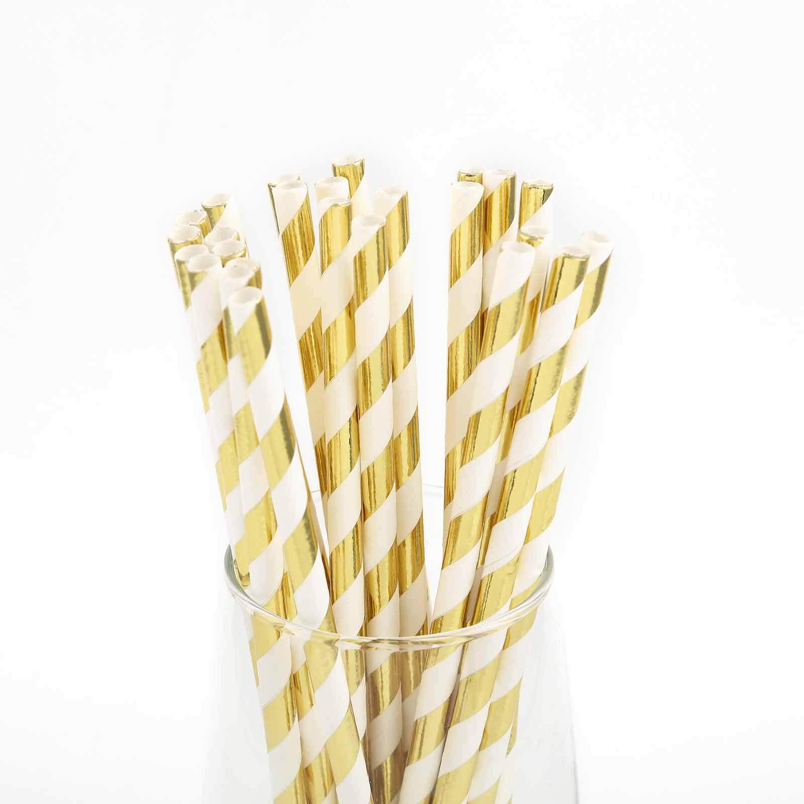 25 - Pack Paper Straws White/Gold Striped - Stylish Disposable Straws for Drinks 8" - Linen Luxes