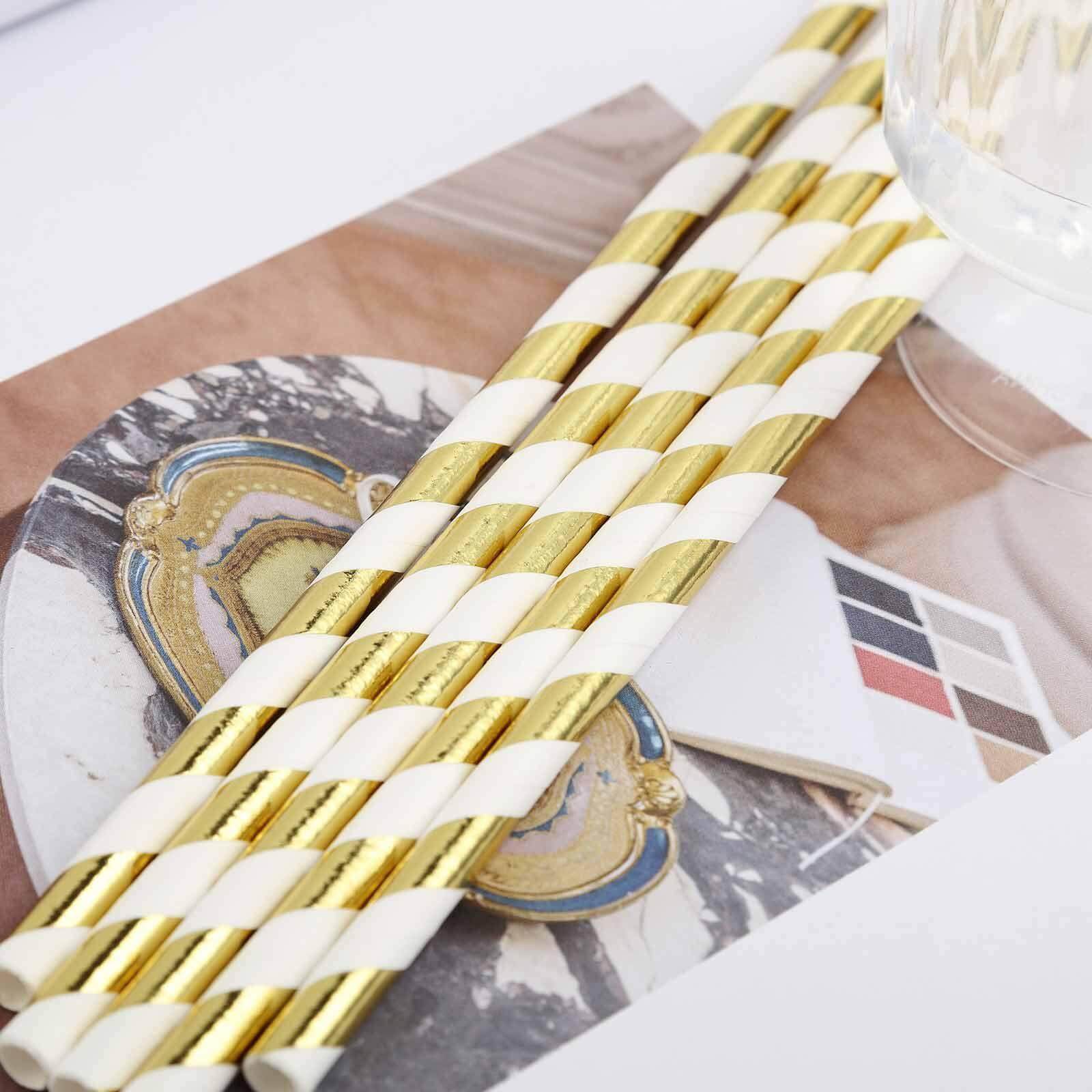 25 - Pack Paper Straws White/Gold Striped - Stylish Disposable Straws for Drinks 8" - Linen Luxes