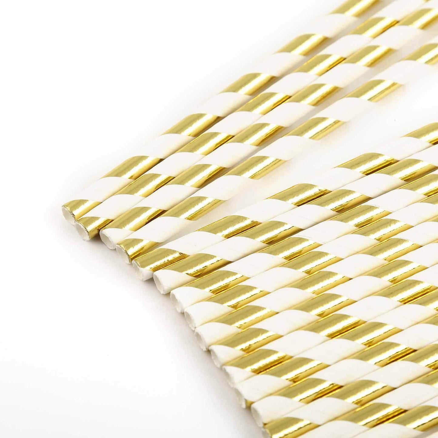 25 - Pack Paper Straws White/Gold Striped - Stylish Disposable Straws for Drinks 8" - Linen Luxes