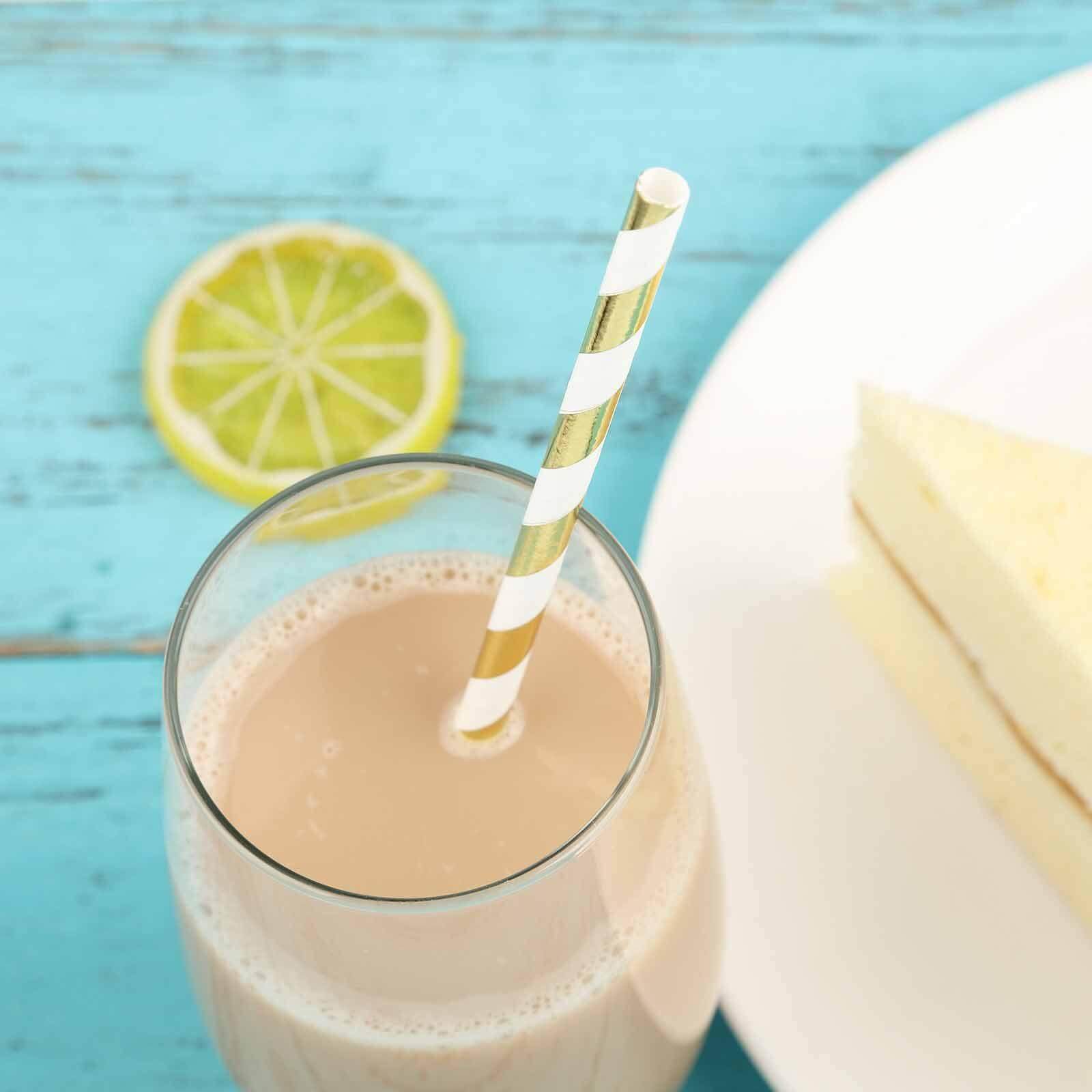 25 - Pack Paper Straws White/Gold Striped - Stylish Disposable Straws for Drinks 8" - Linen Luxes