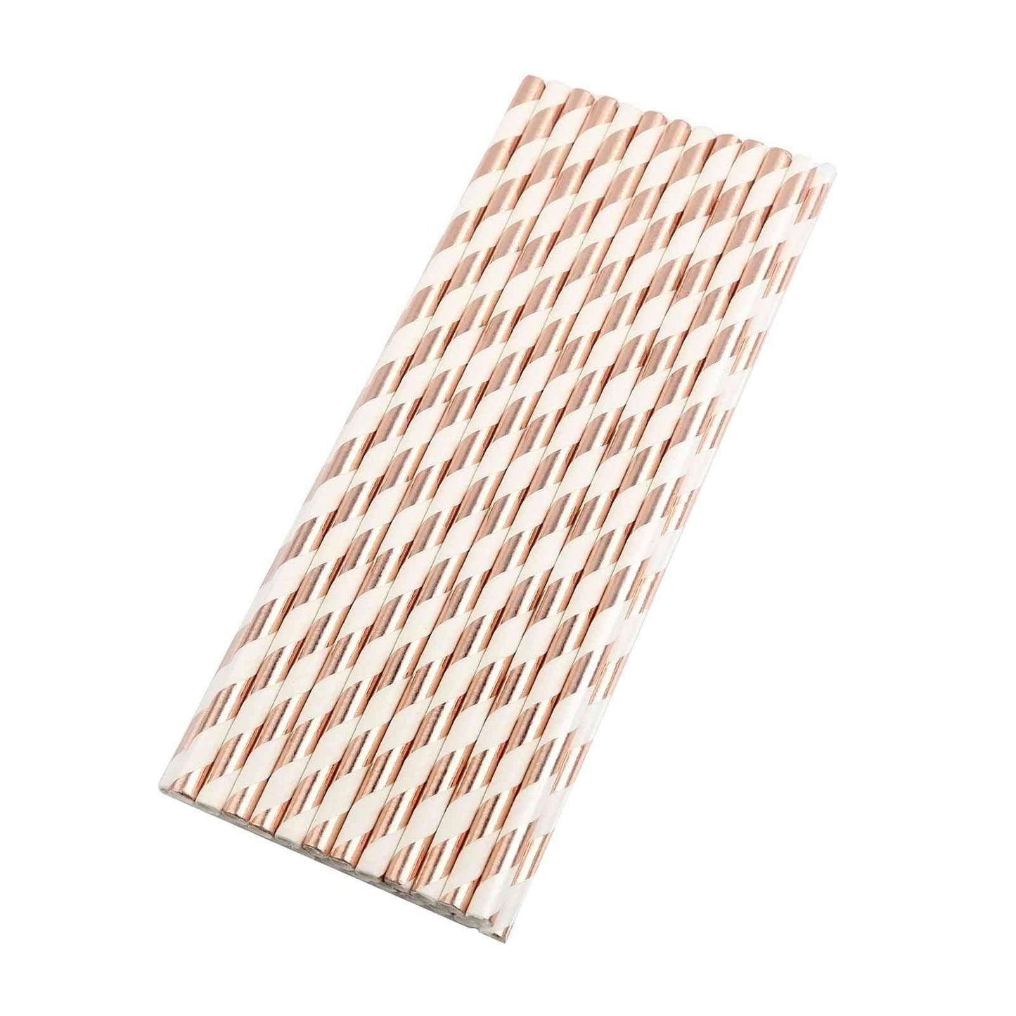 25 - Pack Paper Straws White/Rose Gold Striped - Stylish Disposable Straws for Drinks 8" - Linen Luxes
