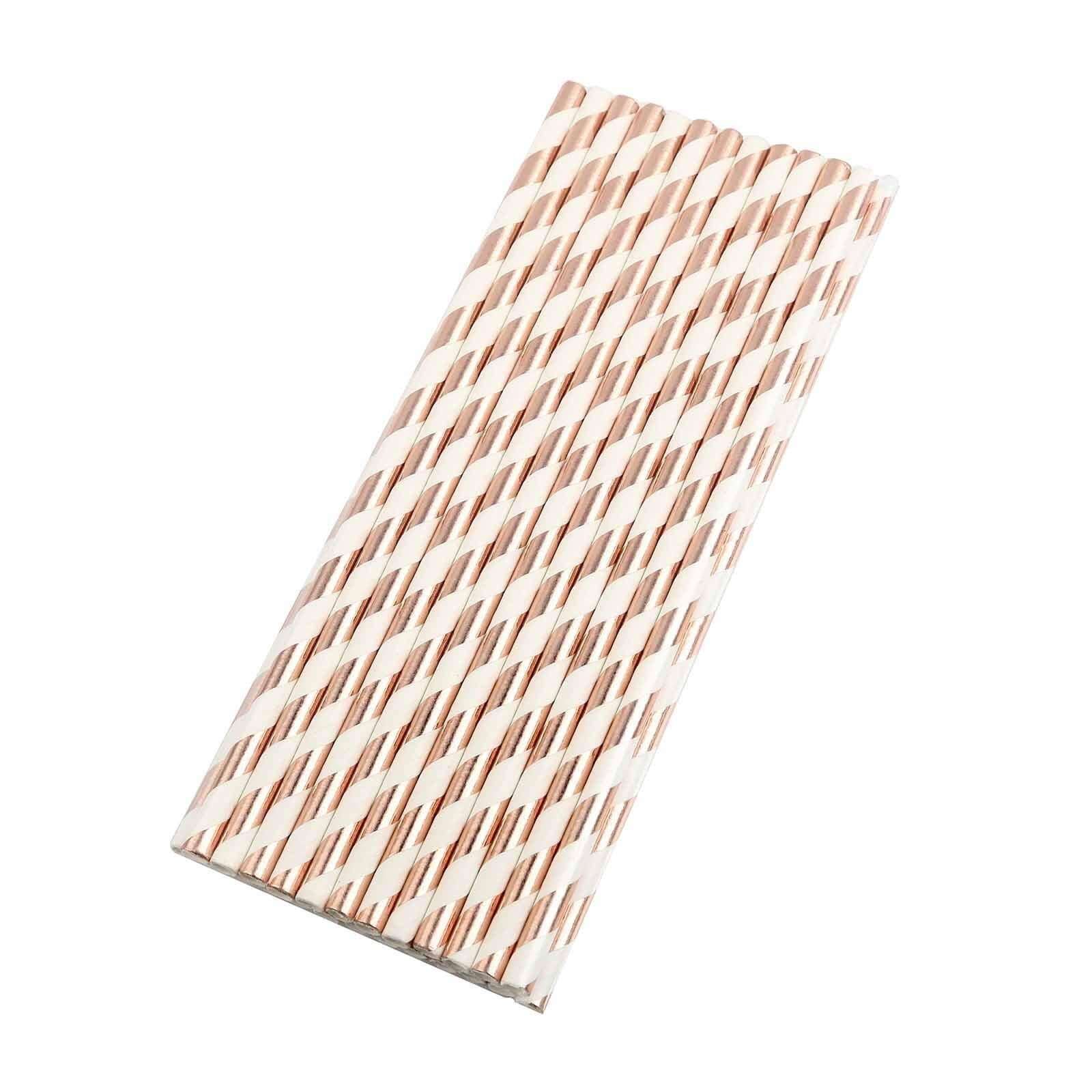 25 - Pack Paper Straws White/Rose Gold Striped - Stylish Disposable Straws for Drinks 8" - Linen Luxes