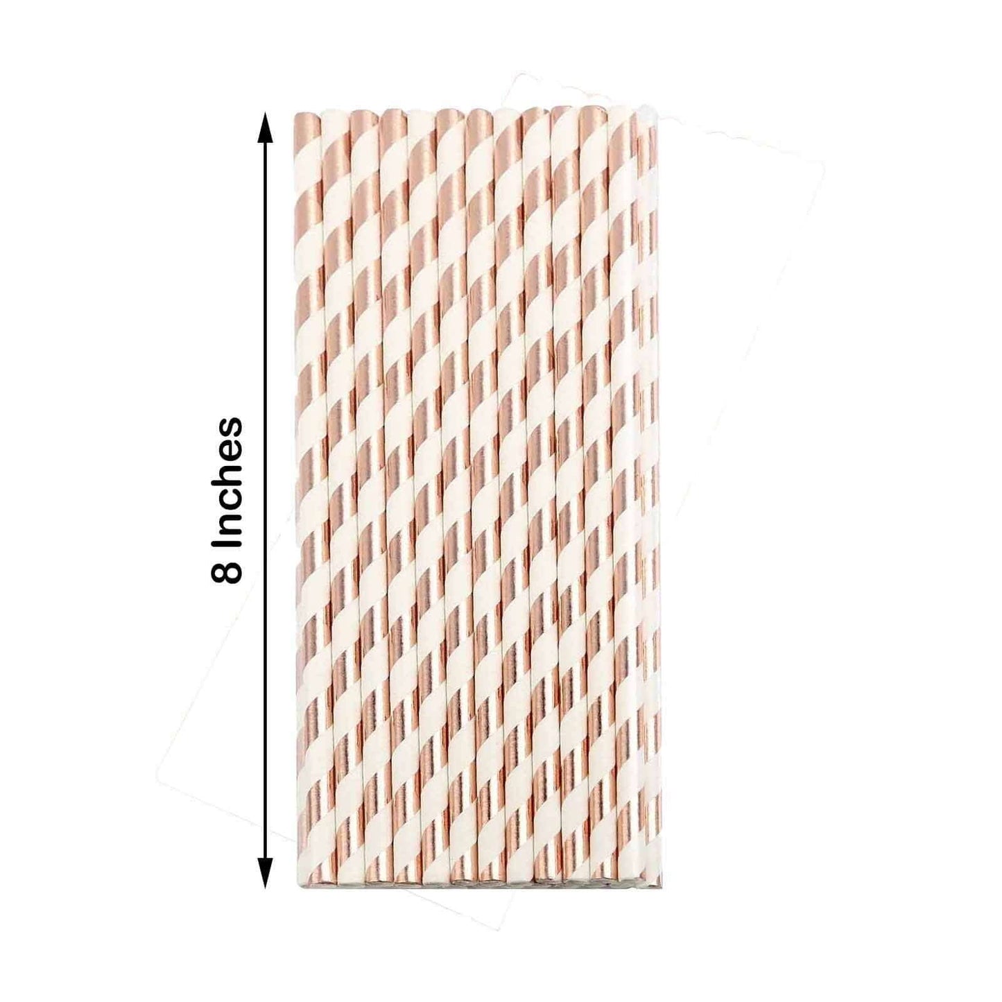 25 - Pack Paper Straws White/Rose Gold Striped - Stylish Disposable Straws for Drinks 8" - Linen Luxes