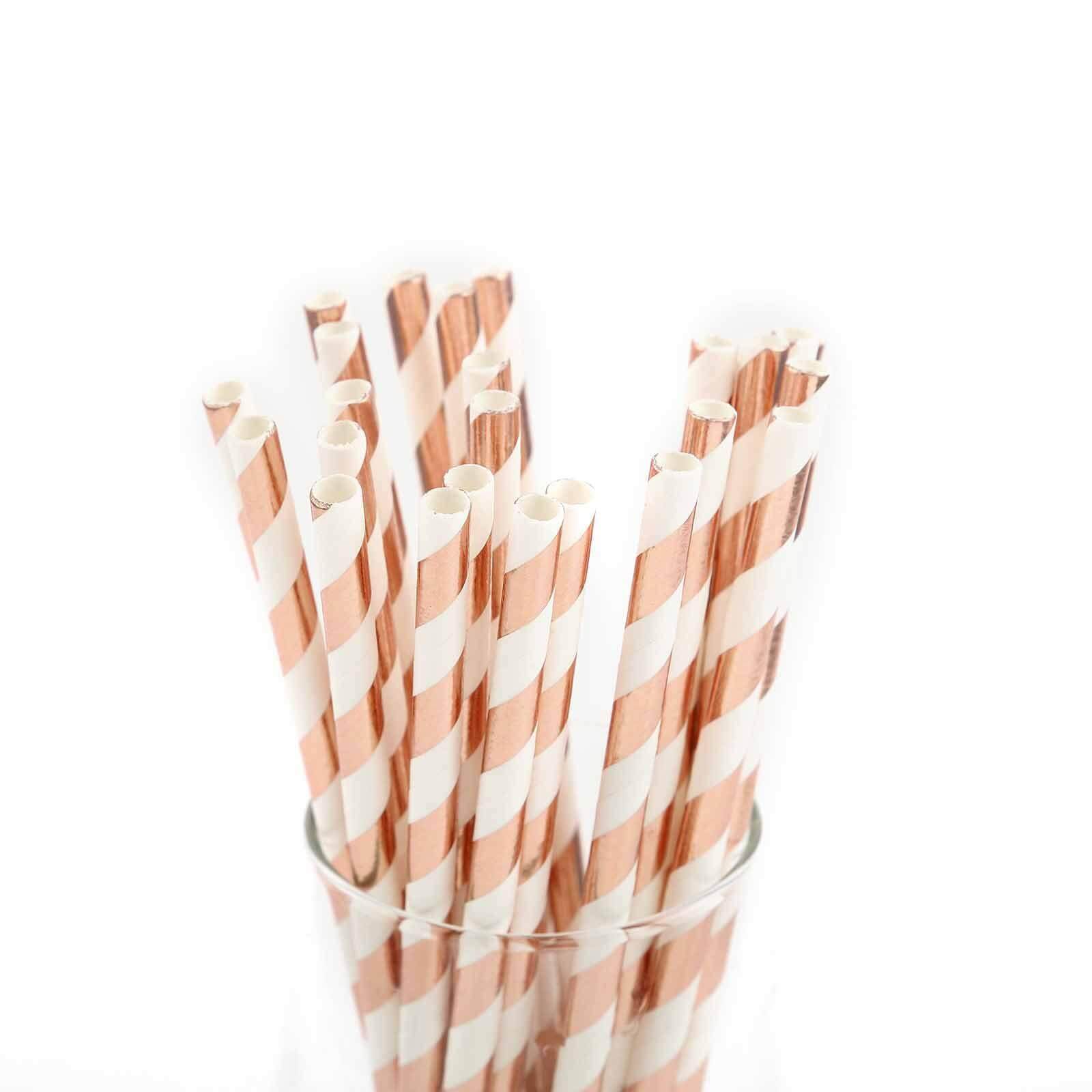 25 - Pack Paper Straws White/Rose Gold Striped - Stylish Disposable Straws for Drinks 8" - Linen Luxes