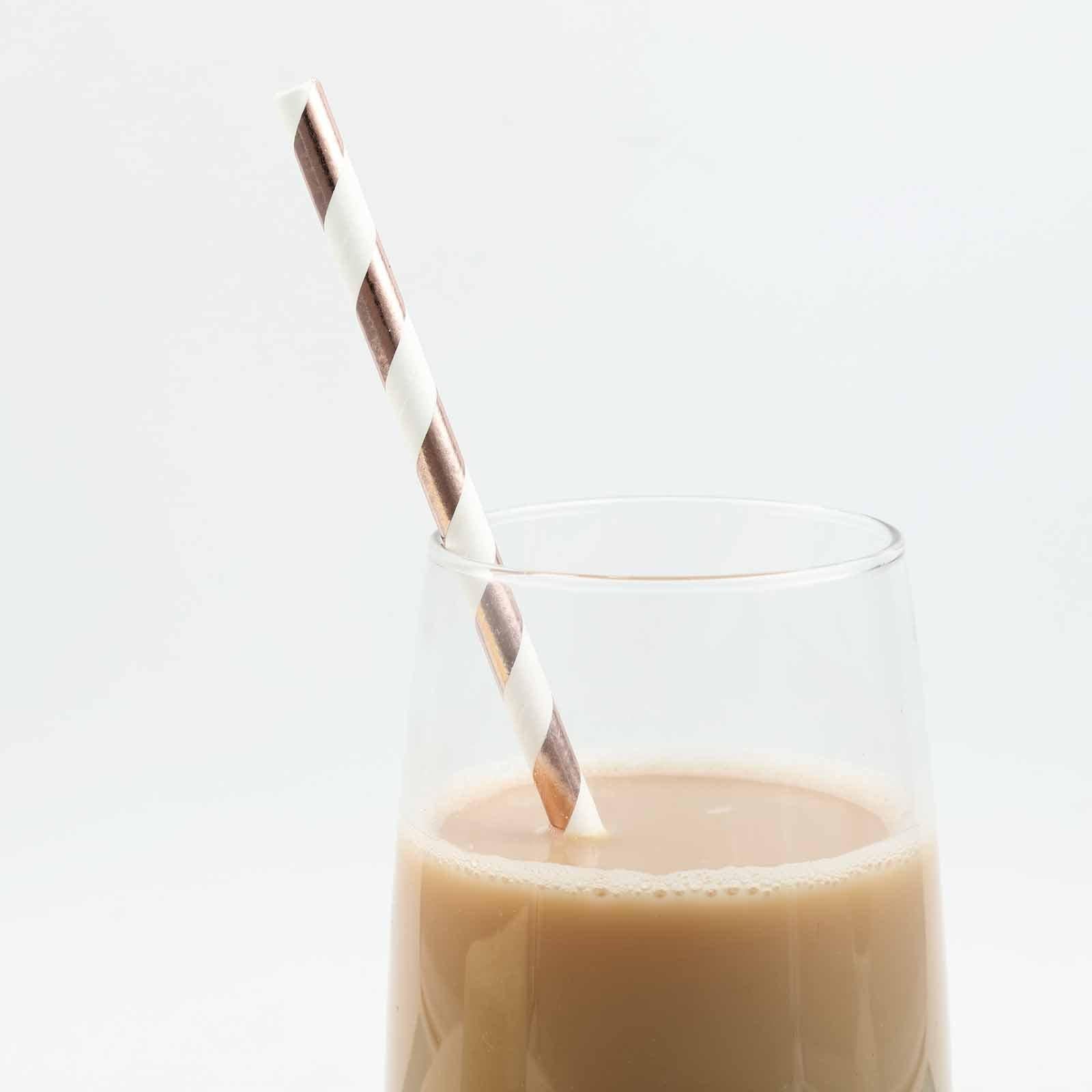 25 - Pack Paper Straws White/Rose Gold Striped - Stylish Disposable Straws for Drinks 8" - Linen Luxes