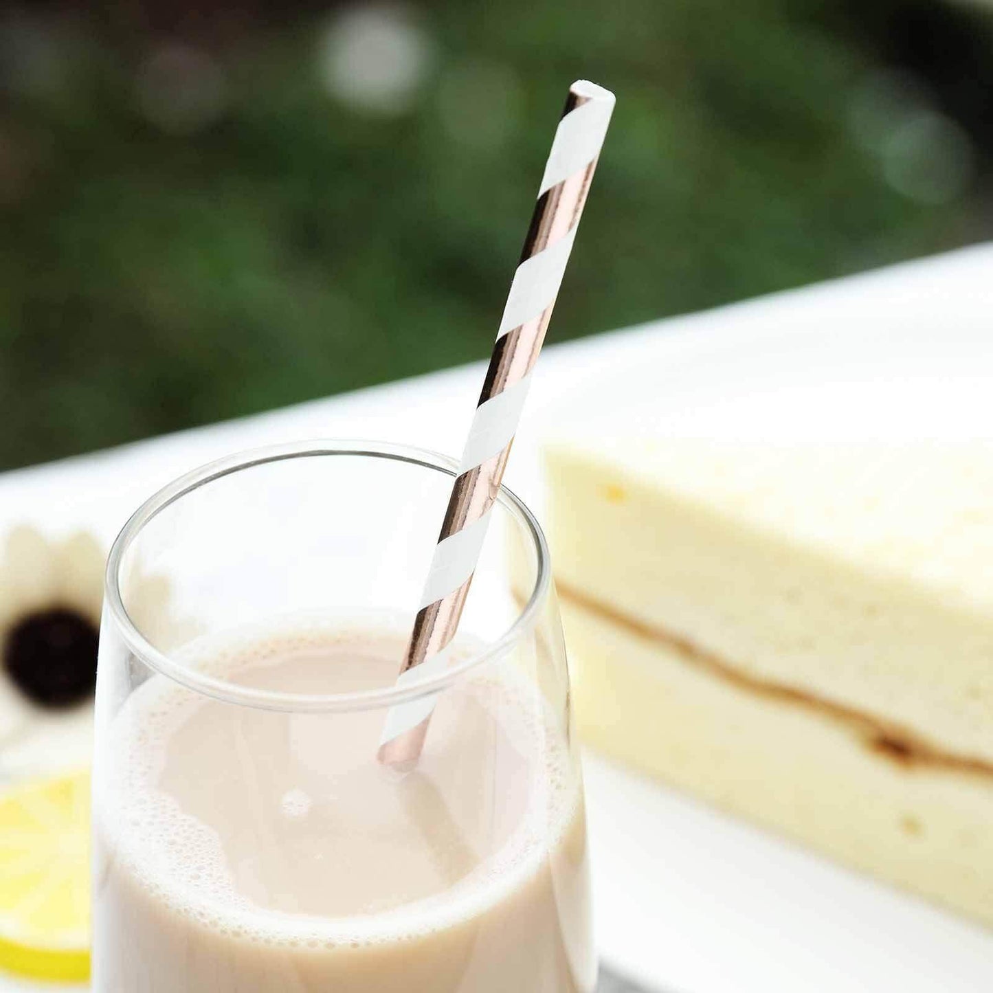 25 - Pack Paper Straws White/Rose Gold Striped - Stylish Disposable Straws for Drinks 8" - Linen Luxes