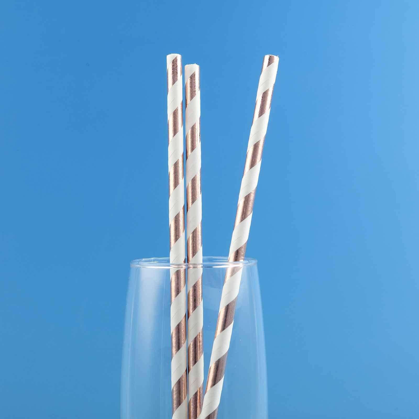 25 - Pack Paper Straws White/Rose Gold Striped - Stylish Disposable Straws for Drinks 8" - Linen Luxes