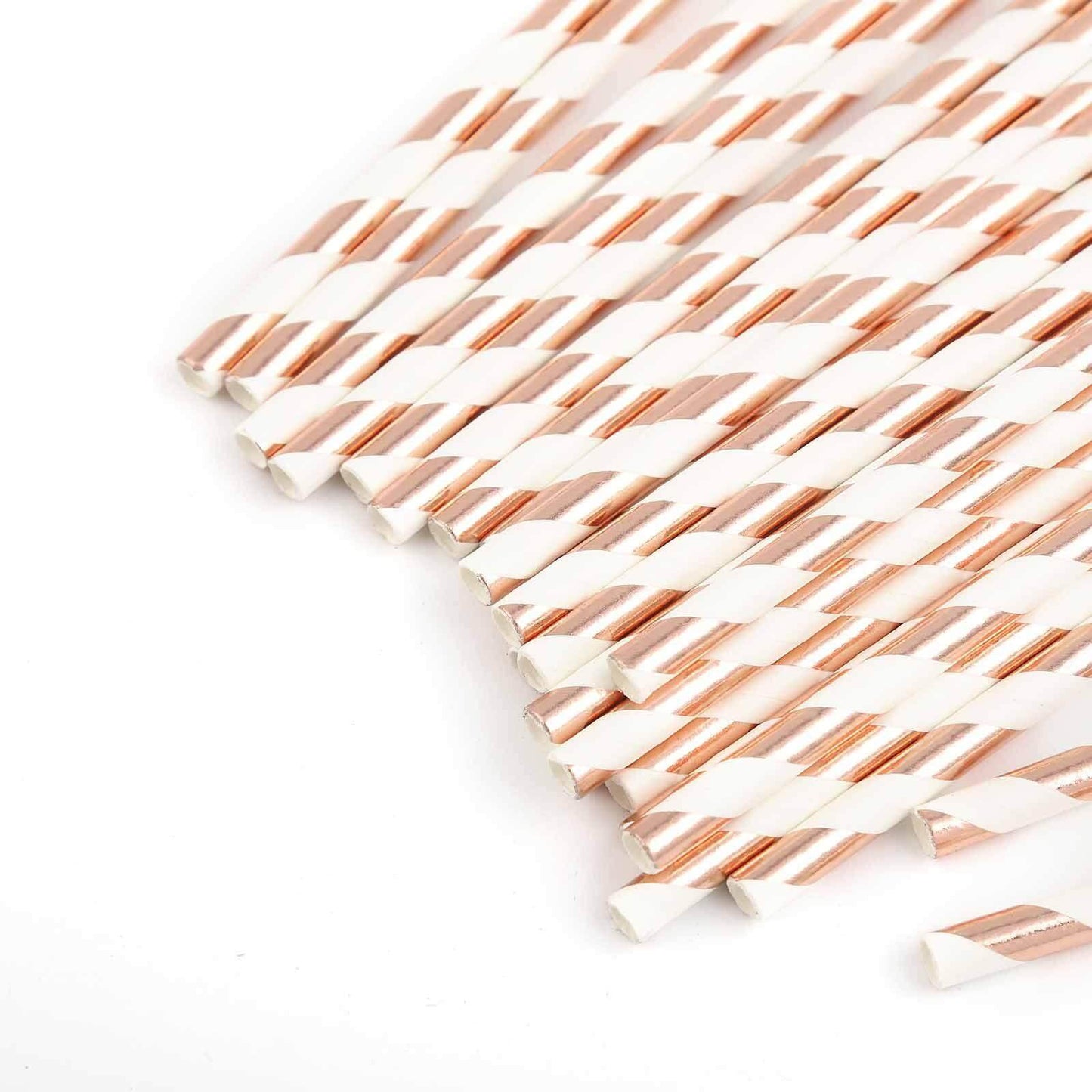 25 - Pack Paper Straws White/Rose Gold Striped - Stylish Disposable Straws for Drinks 8" - Linen Luxes