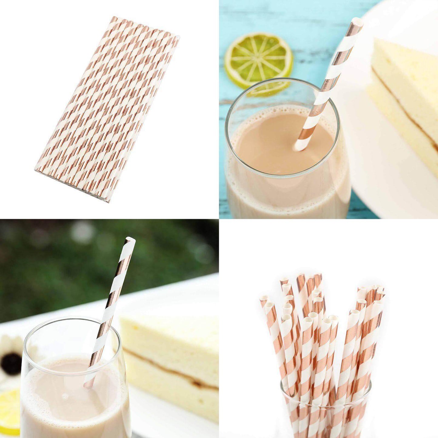 25 - Pack Paper Straws White/Rose Gold Striped - Stylish Disposable Straws for Drinks 8" - Linen Luxes