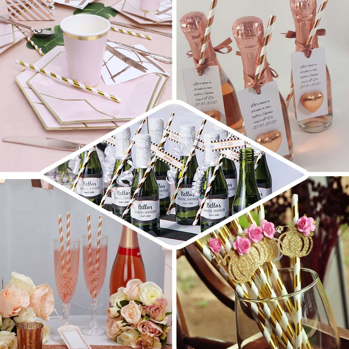 25 - Pack Paper Straws White/Rose Gold Striped - Stylish Disposable Straws for Drinks 8" - Linen Luxes