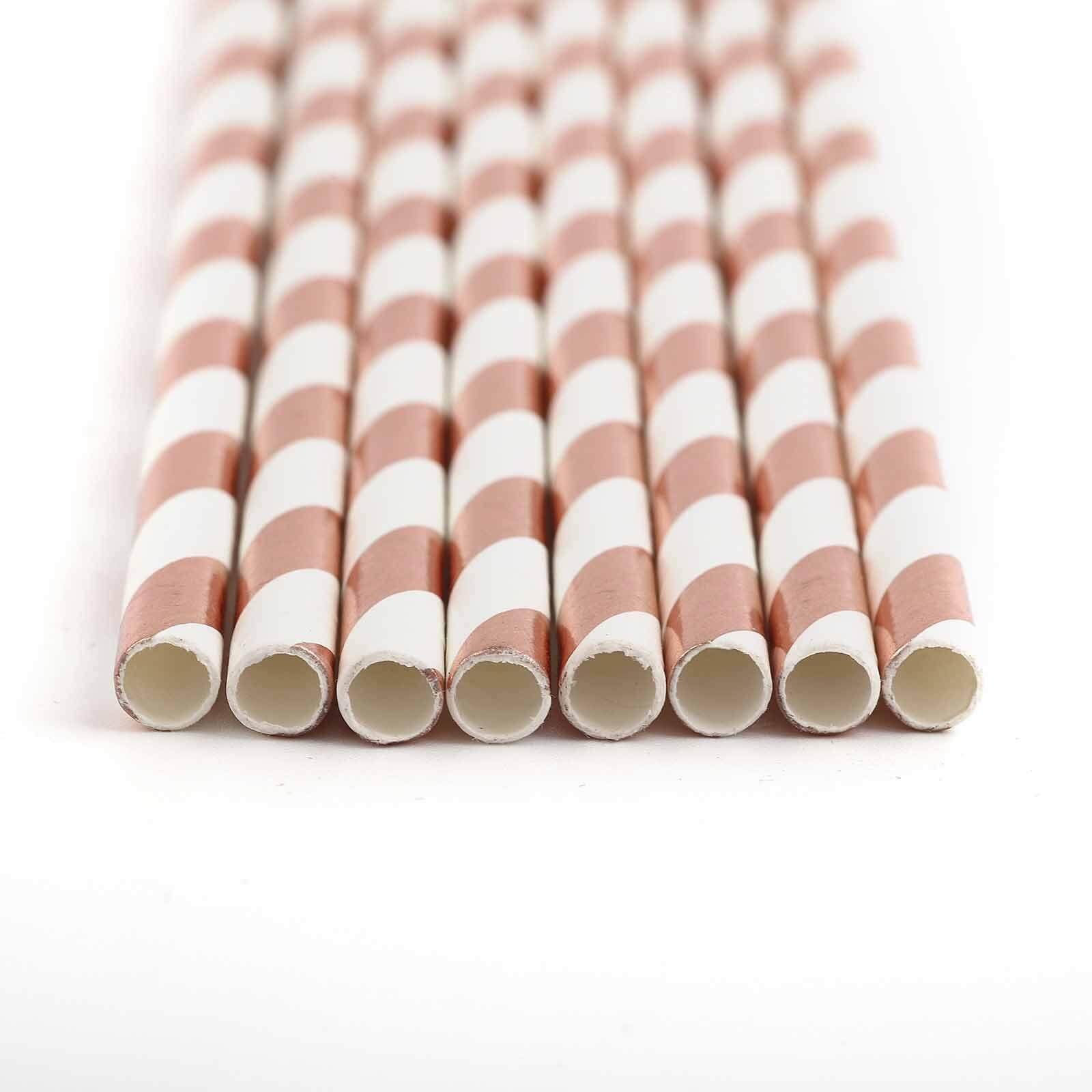 25 - Pack Paper Straws White/Rose Gold Striped - Stylish Disposable Straws for Drinks 8" - Linen Luxes