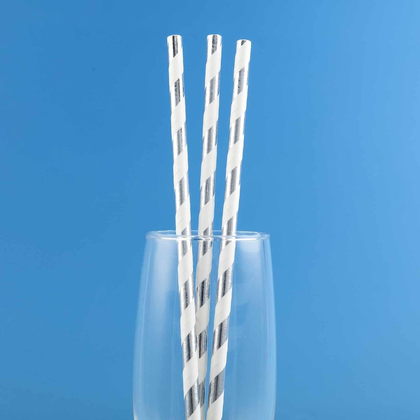 25 - Pack Paper Straws White/Silver Striped - Stylish Disposable Straws for Drinks 8" - Linen Luxes