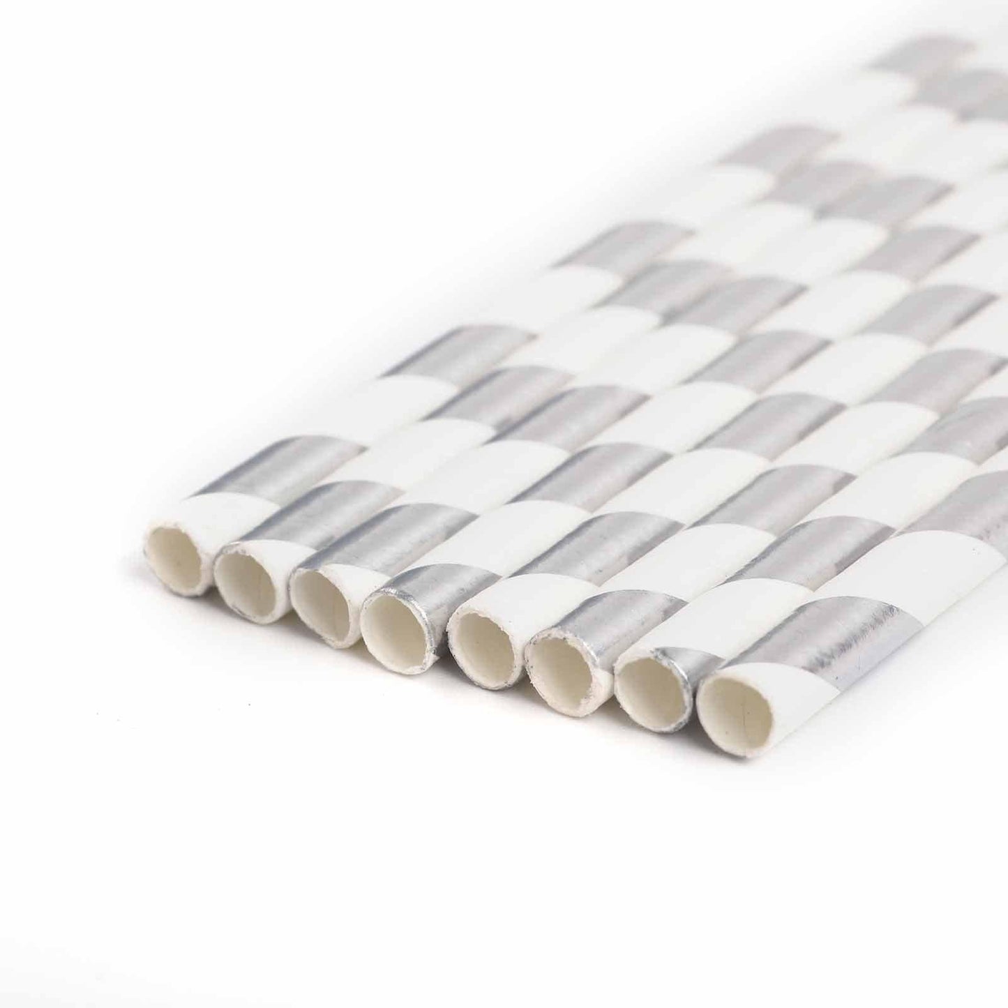 25 - Pack Paper Straws White/Silver Striped - Stylish Disposable Straws for Drinks 8" - Linen Luxes