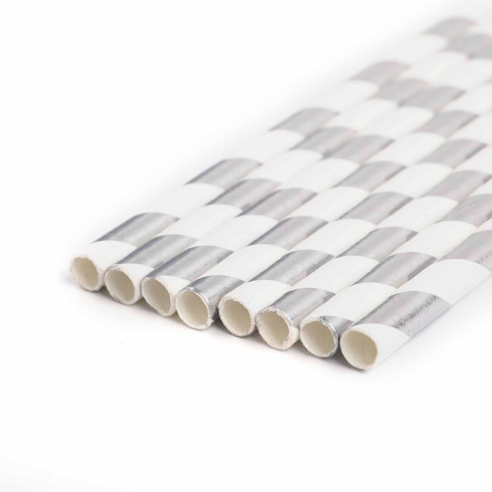 25 - Pack Paper Straws White/Silver Striped - Stylish Disposable Straws for Drinks 8" - Linen Luxes