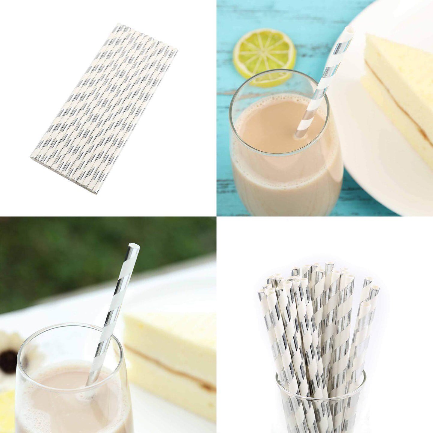 25 - Pack Paper Straws White/Silver Striped - Stylish Disposable Straws for Drinks 8" - Linen Luxes