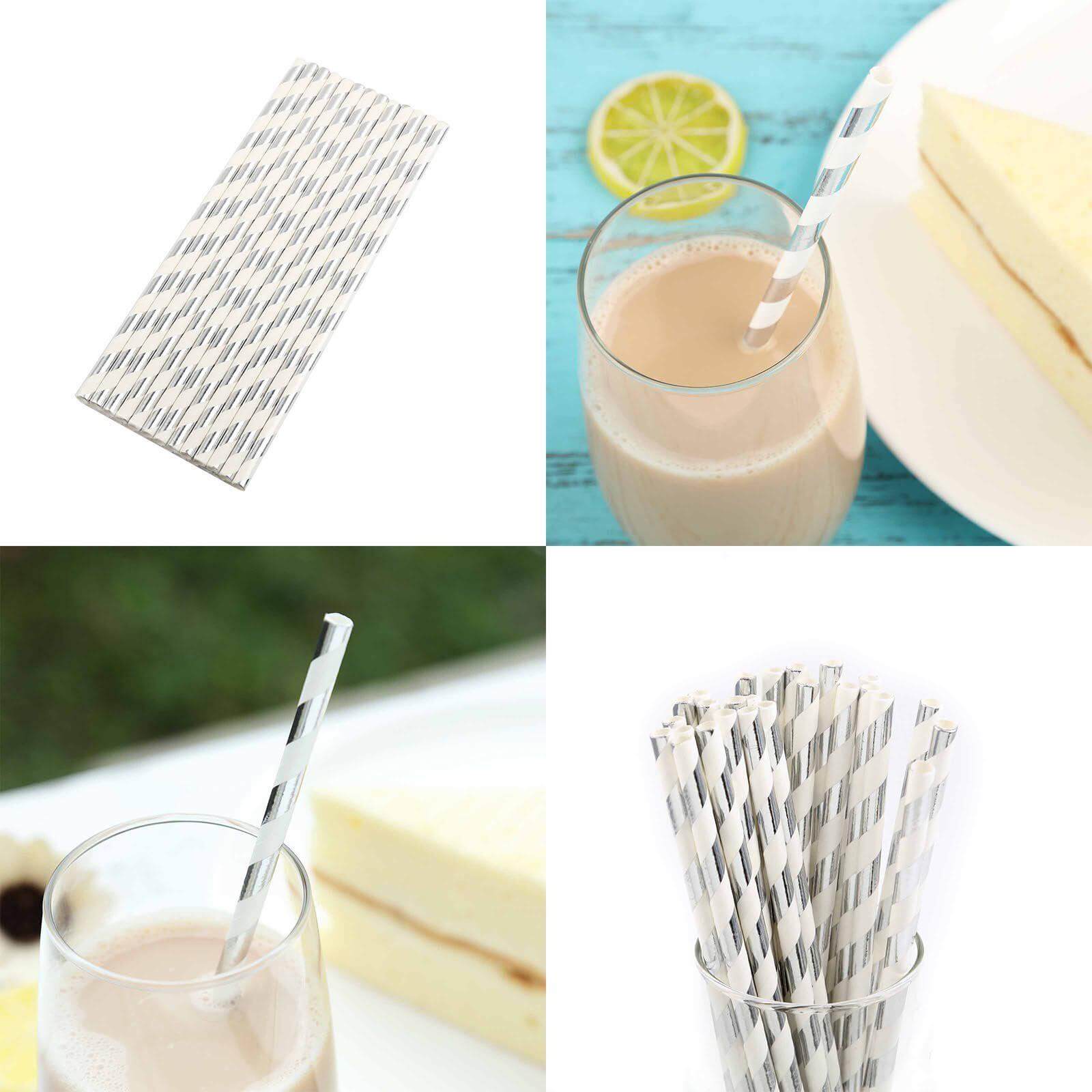 25 - Pack Paper Straws White/Silver Striped - Stylish Disposable Straws for Drinks 8" - Linen Luxes