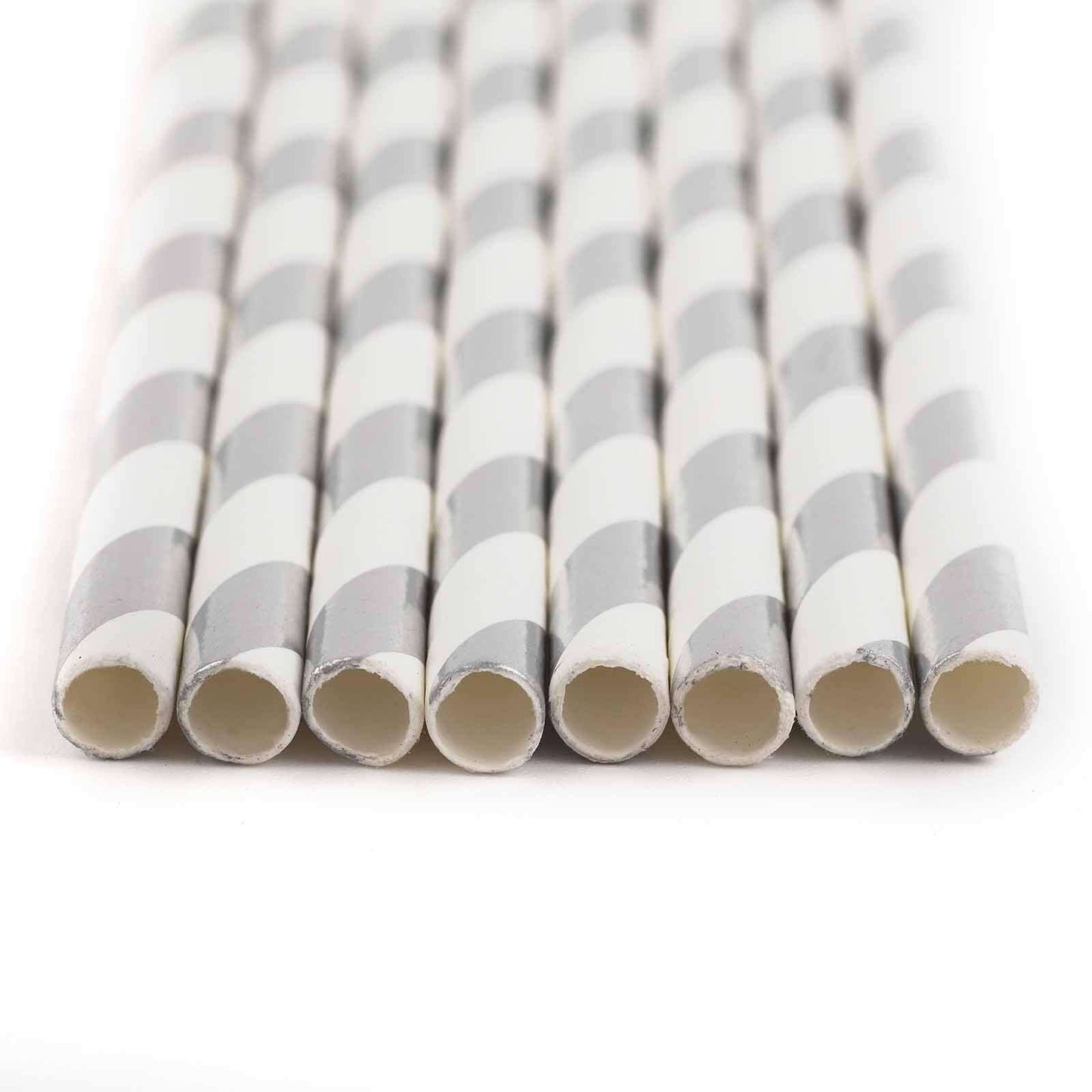 25 - Pack Paper Straws White/Silver Striped - Stylish Disposable Straws for Drinks 8" - Linen Luxes