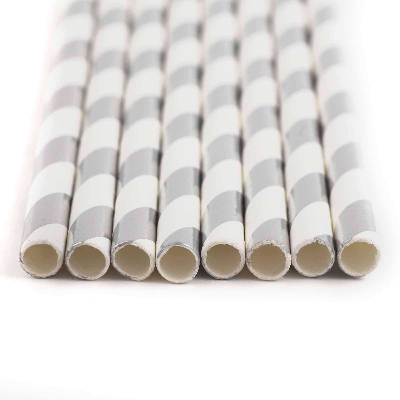 25 - Pack Paper Straws White/Silver Striped - Stylish Disposable Straws for Drinks 8" - Linen Luxes