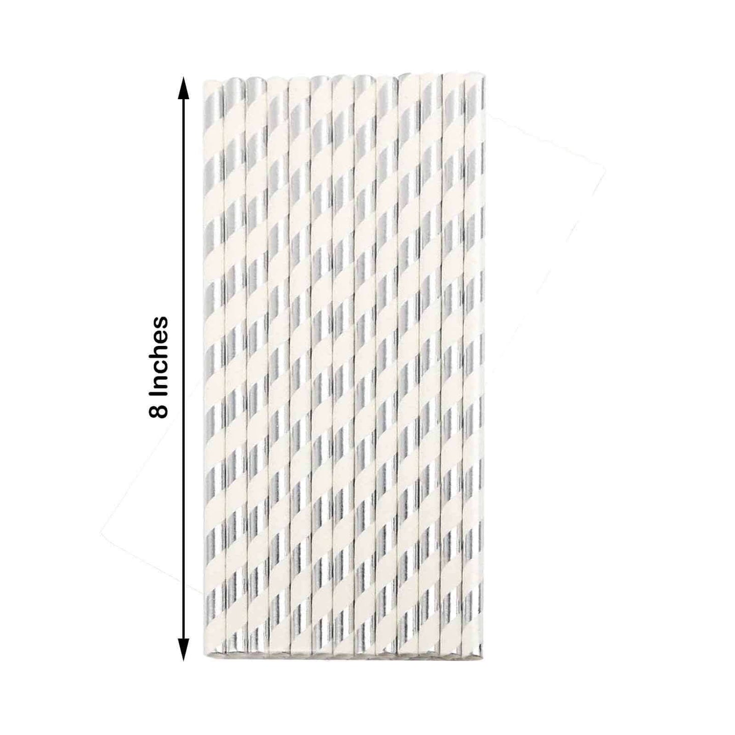 25 - Pack Paper Straws White/Silver Striped - Stylish Disposable Straws for Drinks 8" - Linen Luxes