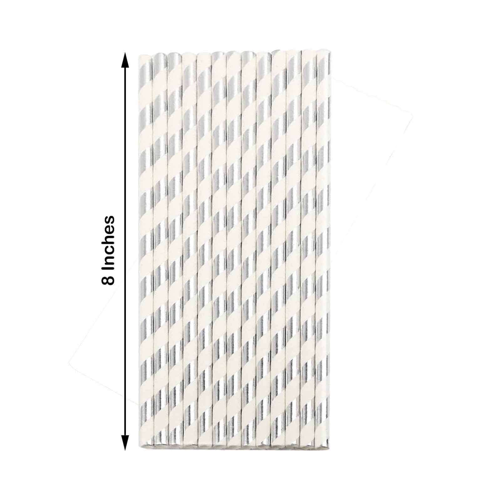 25 - Pack Paper Straws White/Silver Striped - Stylish Disposable Straws for Drinks 8" - Linen Luxes