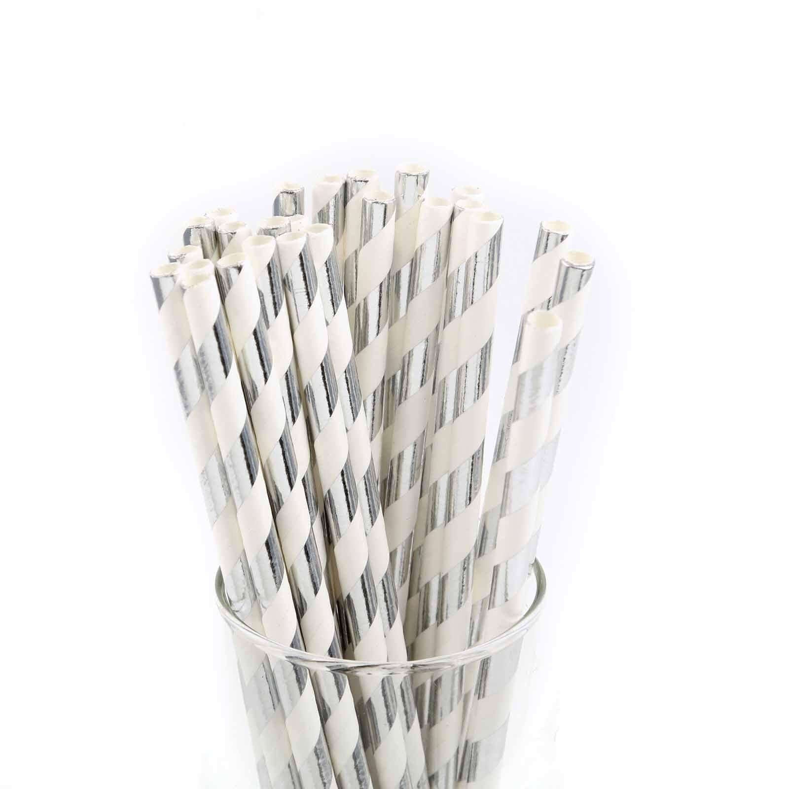25 - Pack Paper Straws White/Silver Striped - Stylish Disposable Straws for Drinks 8" - Linen Luxes