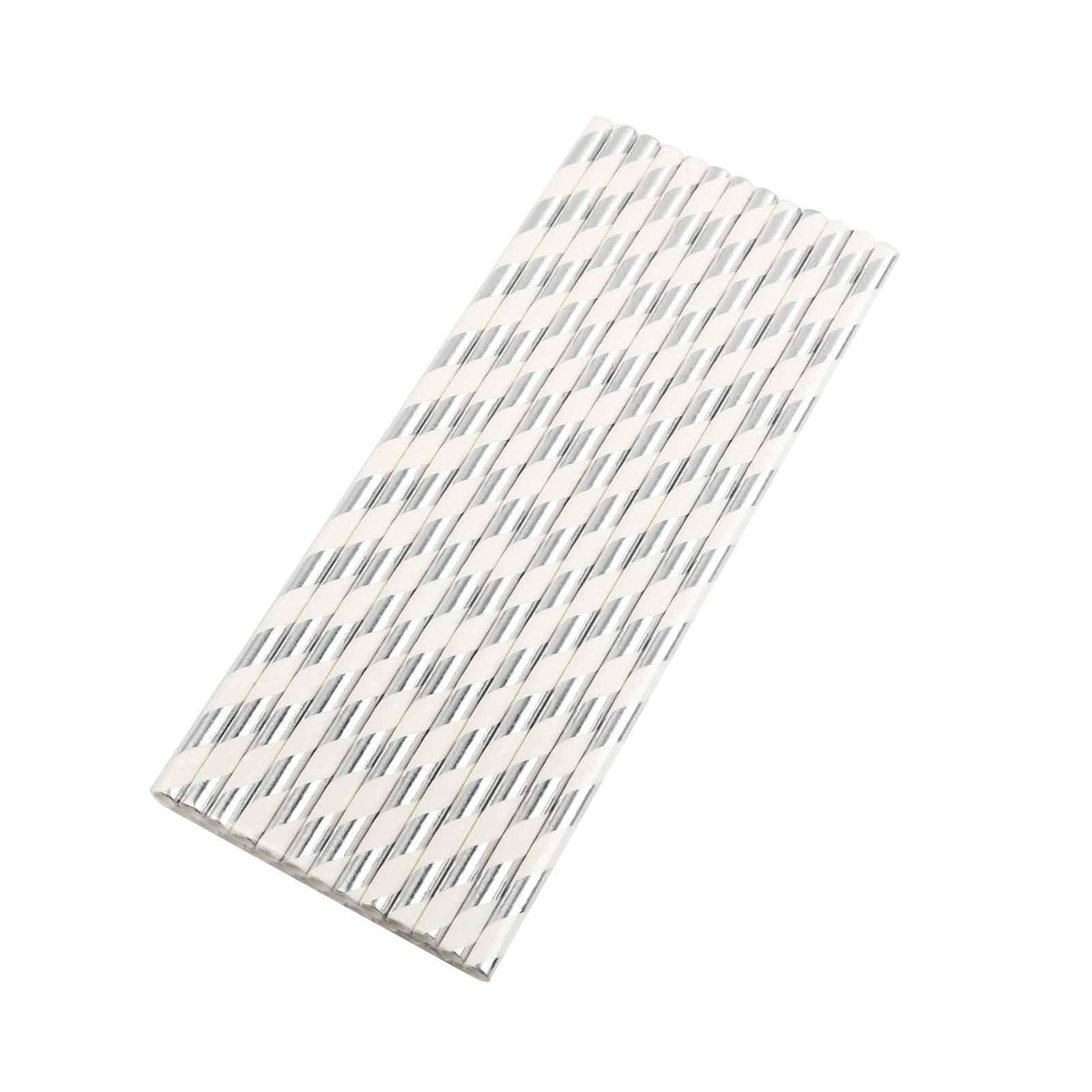 25 - Pack Paper Straws White/Silver Striped - Stylish Disposable Straws for Drinks 8" - Linen Luxes