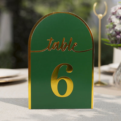 25-Pack 7" Disposable Table Numbers, Hunter Emerald Green Free Standing Double Sided Table Number Place Cards with Metallic Gold Foil Numbers 1-25
