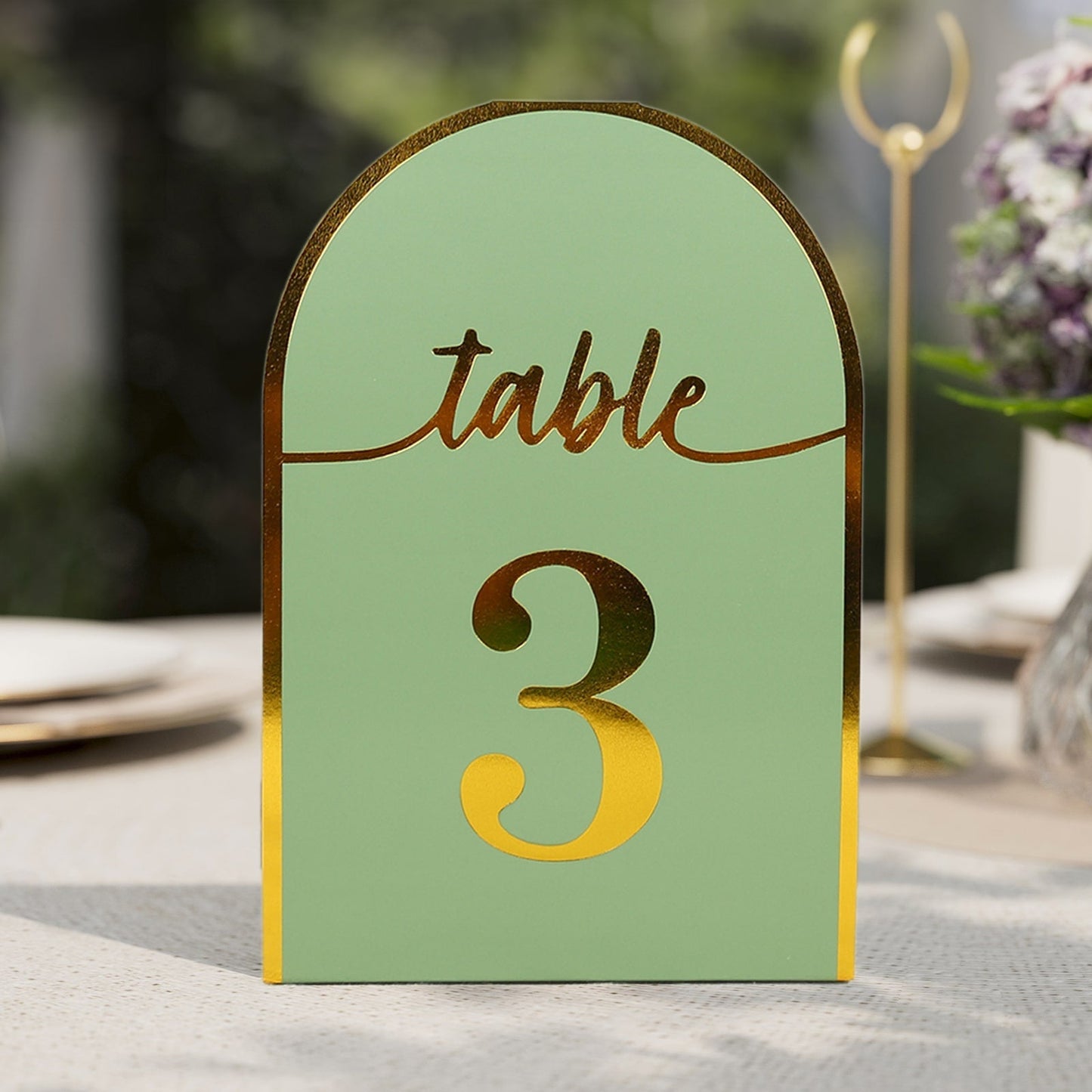 25-Pack 7" Disposable Table Numbers, Sage Green Free Standing Double Sided Table Number Place Cards with Metallic Gold Foil Numbers 1-25