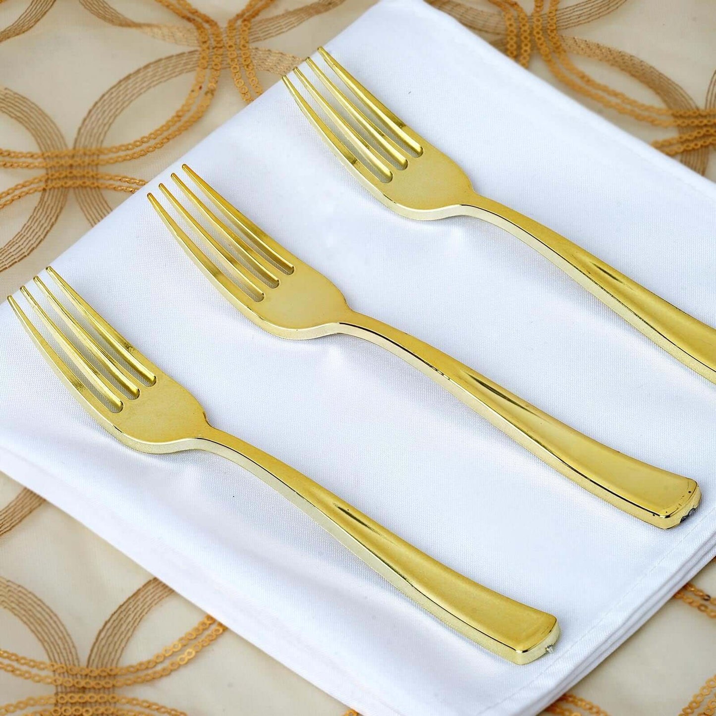 25 - Pack Plastic Forks Metallic Gold Classic Heavy Duty - Decorative Disposable Cutlery 7" - Linen Luxes