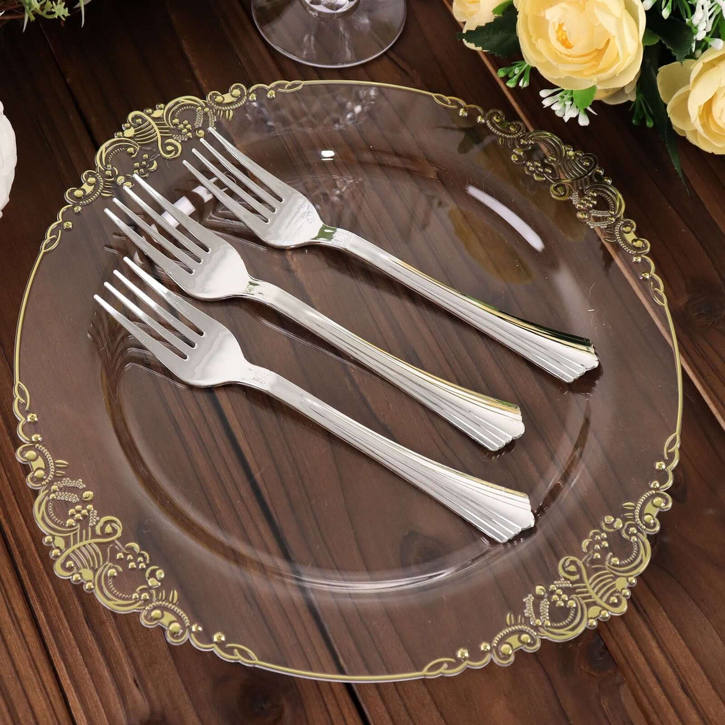 25 - Pack Plastic Forks Silver Heavy Duty with Fluted Handles - Durable Disposable Tableware 7" - Linen Luxes