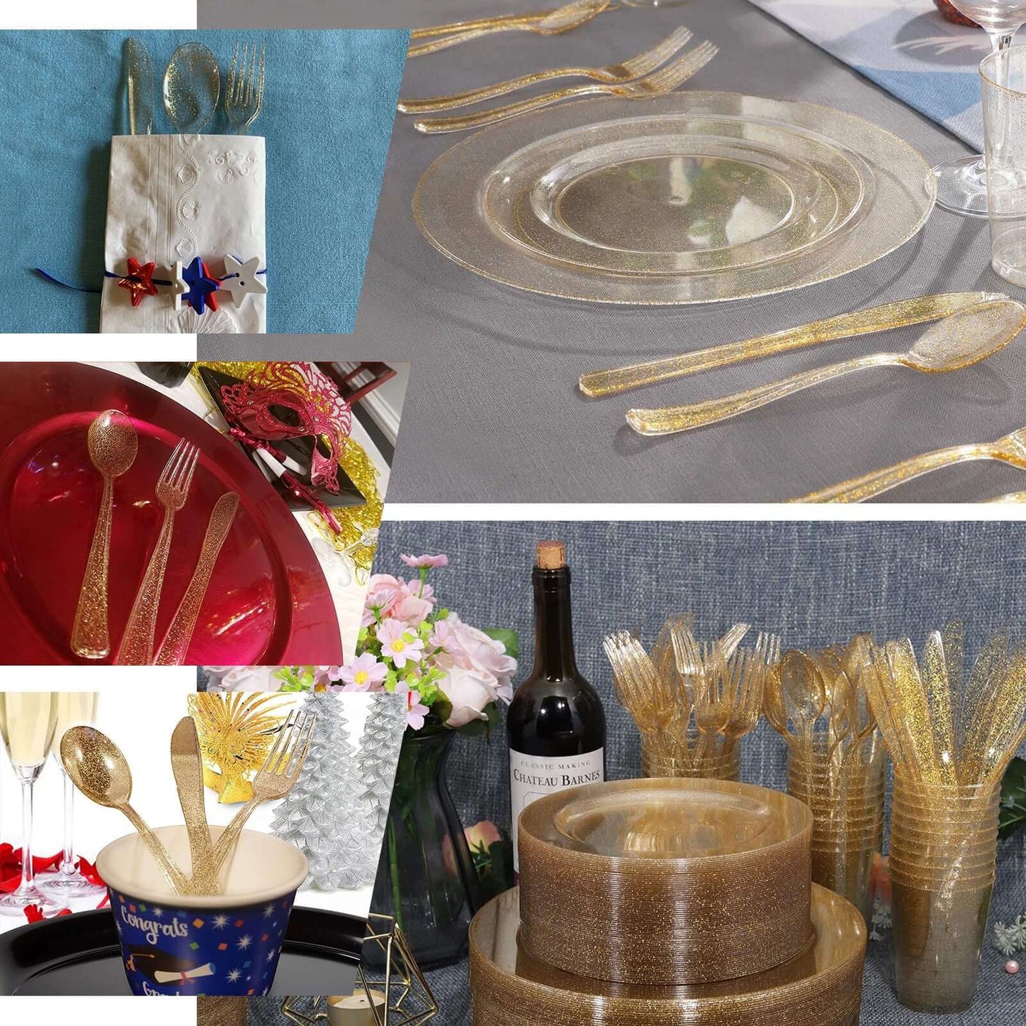 25 - Pack Plastic Knives Clear Gold Glitter Classic Heavy Duty - Decorative Disposable Cutlery 7" - Linen Luxes