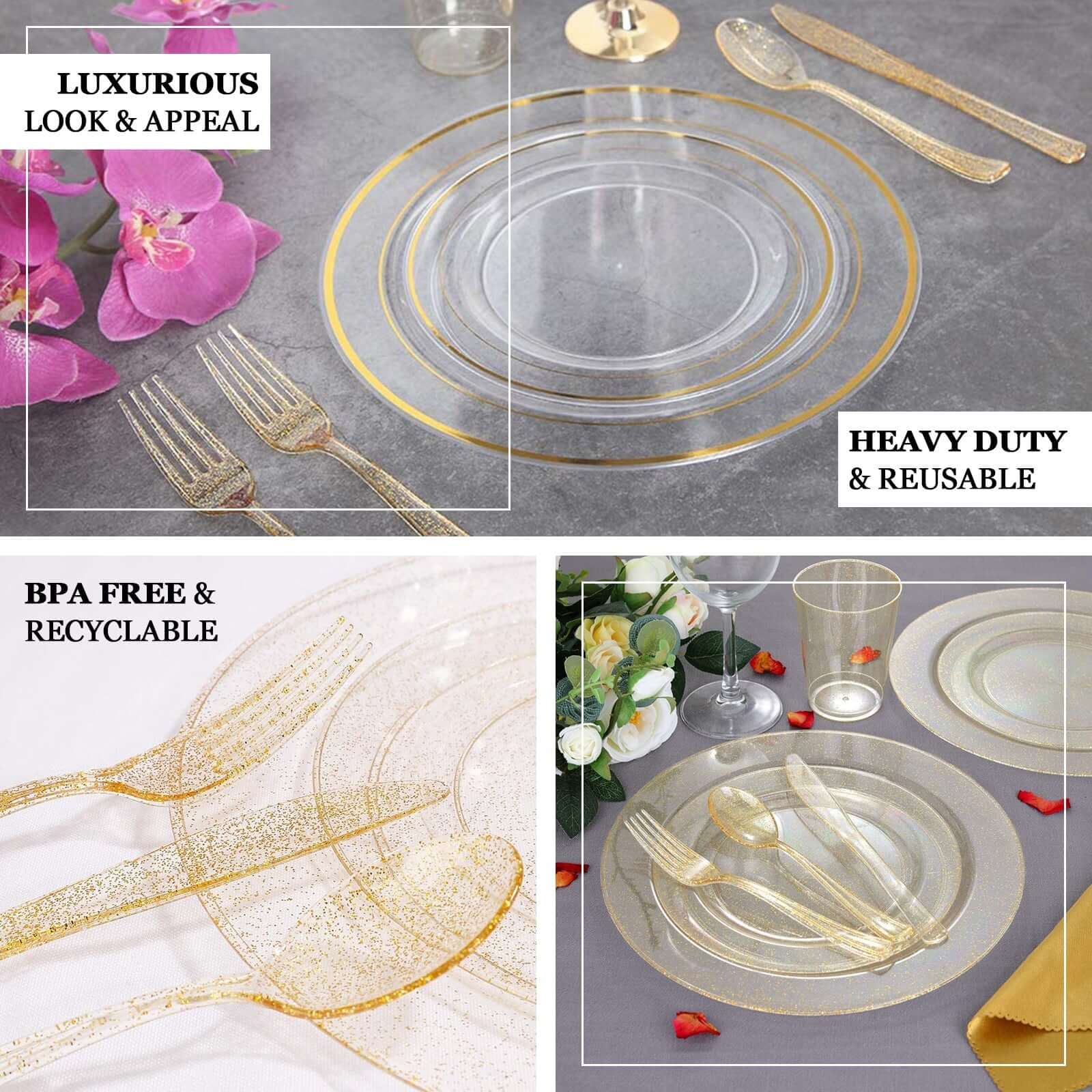 25 - Pack Plastic Knives Clear Gold Glitter Classic Heavy Duty - Decorative Disposable Cutlery 7" - Linen Luxes