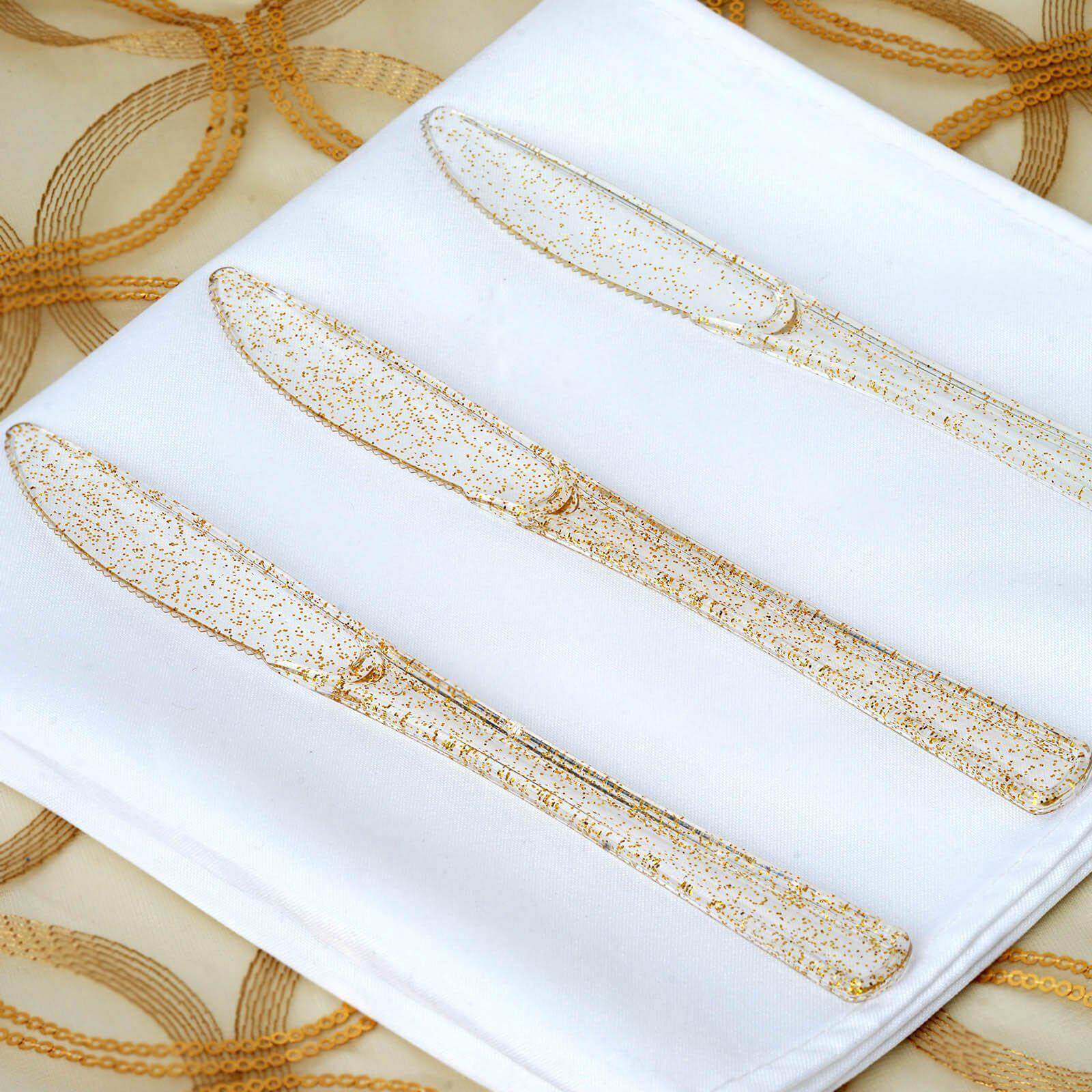 25 - Pack Plastic Knives Clear Gold Glitter Classic Heavy Duty - Decorative Disposable Cutlery 7" - Linen Luxes