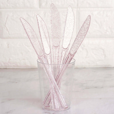 25 - Pack Plastic Knives Transparent Blush Glitter Classic Heavy Duty - Decorative Disposable Cutlery 7" - Linen Luxes
