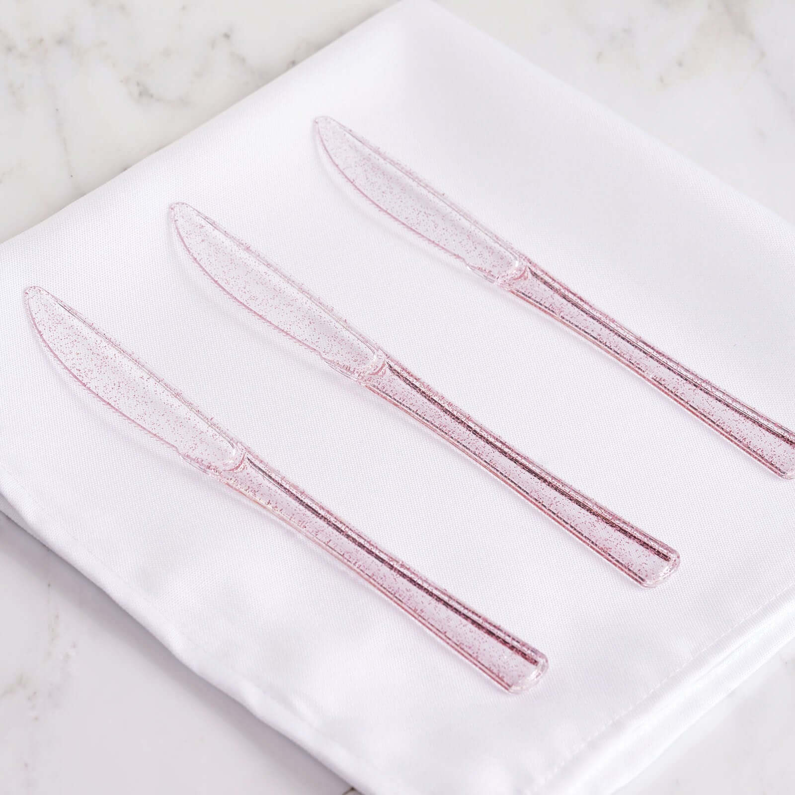 25 - Pack Plastic Knives Transparent Blush Glitter Classic Heavy Duty - Decorative Disposable Cutlery 7" - Linen Luxes